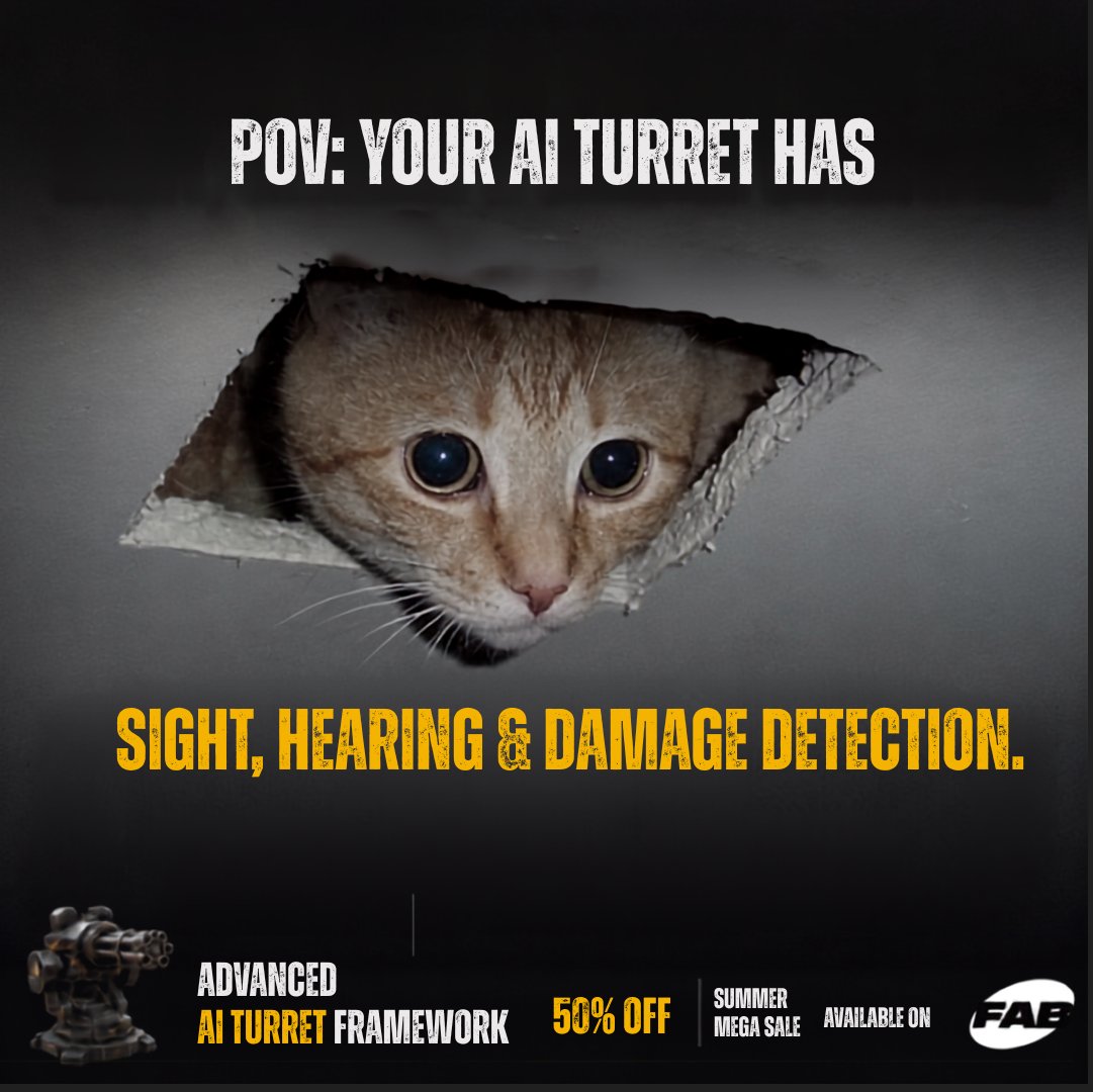 300Mind's tweet photo. Sight. Hearing. Damage detection.

Your AI turret knows you fired at it. It knows you're hiding behind that wall. It heard you reload.

The player never stood a chance.

50% off right now as part of the Fab Summer Mega Sale. Sale ends 29th July.

https://t.co/Jv46NBevhc

@fab https://t.co/j0unXlALxx