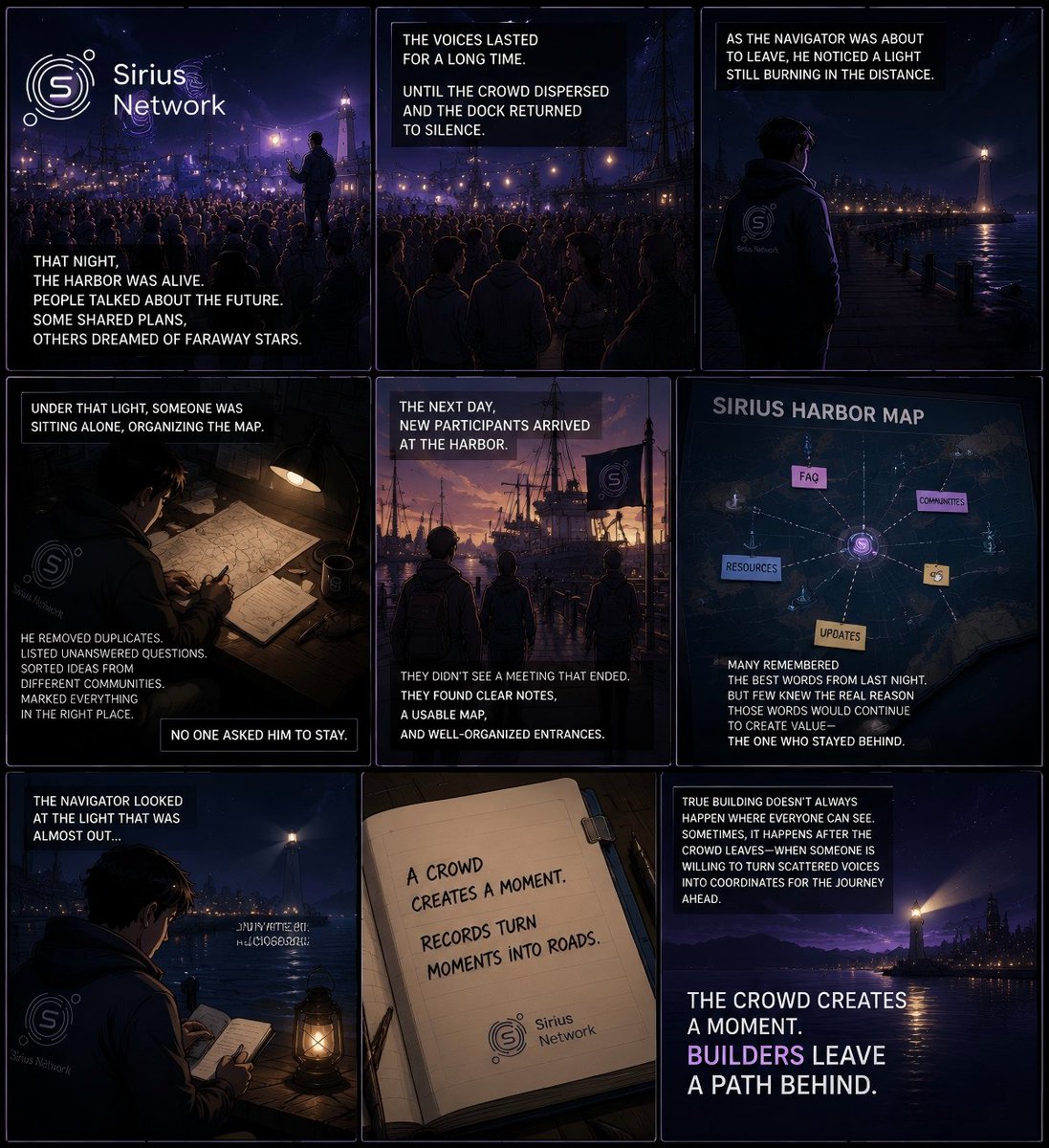 SiriusNetw0rk's tweet photo. 💡The Last Light to Go Out in the Harbor

That night, a lively discussion took place in the harbor.

Some talked about the future, some proposed new plans,

and someone stood in the center of the crowd, depicting a distant cosmos.

The voices continued for a long time.

Until the crowd dispersed and the dock fell silent again.

As the navigator prepared to leave, he noticed a light still burning in the distance.

Under the light, a person was tidying up a map on a table.

He deleted repetitive content from the discussion,

re-listed unanswered questions,

and marked the suggestions from different communities,

each in its corresponding place.

No one asked him to stay.

The next day,

when new participants arrived at the harbor,

they found no longer a discussion that had ended.

But rather a clear record, a usable map,

and several neatly organized entrances.

Many remembered the most brilliant speeches from the previous night.

But few knew that what truly made that discussion valuable,

was
the person who stayed behind at the very end.

The navigator, watching the light about to go out,

wrote in his log: Excitement creates moments.

Recording makes those moments a path.

True construction doesn't always happen where everyone can see it.

Sometimes, it only happens after the event is over, when someone is willing to organize the scattered voices

into coordinates that future generations can use to continue their journey.

The crowd creates a moment. Builders leave a path behind.
#SIRIUS #DeFi #BNBChain #SiriusNetwork #SIRIUS01 #DeFi #BNBChain #AMM #PMM