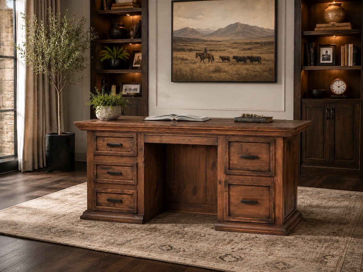 DallasFurn's tweet photo. Give your office authentic Western character with the Weatherford Solid Wood Executive Desk���featuring five drawers, dark iron hardware and a finished paneled exterior.

Shop:
 https://t.co/73sV9QisxR
#WesternFurniture #RusticDesk https://t.co/ttNV7mYdIe