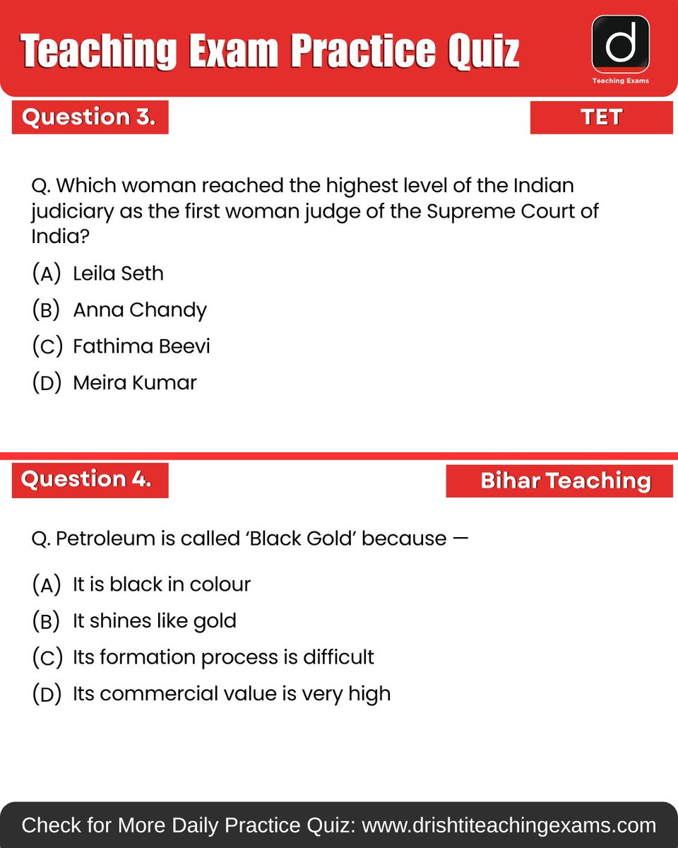 Drishtiteaching's tweet photo. Today’s daily practice quiz is here 📚 Try it and check your score!
More such available on Drishti Teaching Exams Website for daily practice.
#UGC #TET #TGT #PGT #BiharTeaching #MCQ #PracticeQuiz #PYQ #TeachingMCQ #DrishtiTeachingExams https://t.co/khFszahmnE