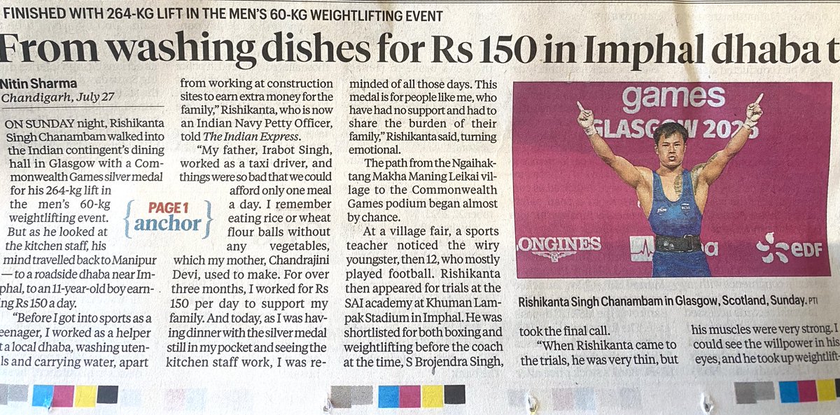 Prakashukla's tweet photo. What an #inspiring story in the morning !
#Rishikanta Singh was a helper in a road side dhaba in Manipur earning Rs 150/ day.
He got into weight lifting after that & has just won Silver Medal in #Commonwealth Games.
Rishikanta, you are a beacon of #motivation & hope.🙏
#goals https://t.co/AnyPcoRpHm