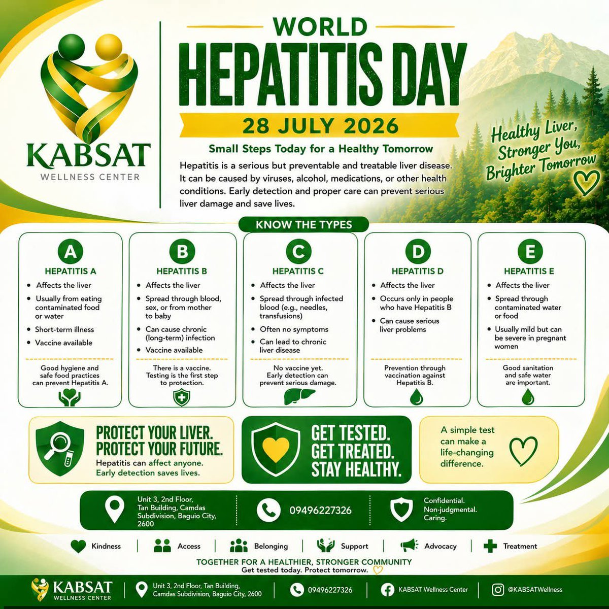 Kabsatph's tweet photo. 💚💛 World Hepatitis Day 2026 💛💚

Protect your liver. Protect your future.

KABSAT Wellness Center encourages everyone to learn about viral hepatitis and get tested at a licensed healthcare facility if you're at risk. Awareness saves lives. #WorldHepatitisDay #LetsBreakItDown https://t.co/bkUwSE3OY3