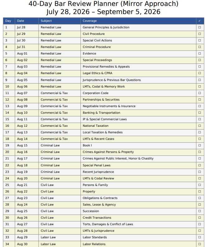 AmyzingLawyer25's tweet photo. Sharing here a 40-day Bar Review Planner (Mirror Approach) for the 2026 Bar Exams. Hope this helps! https://t.co/SkMA3OLtaK