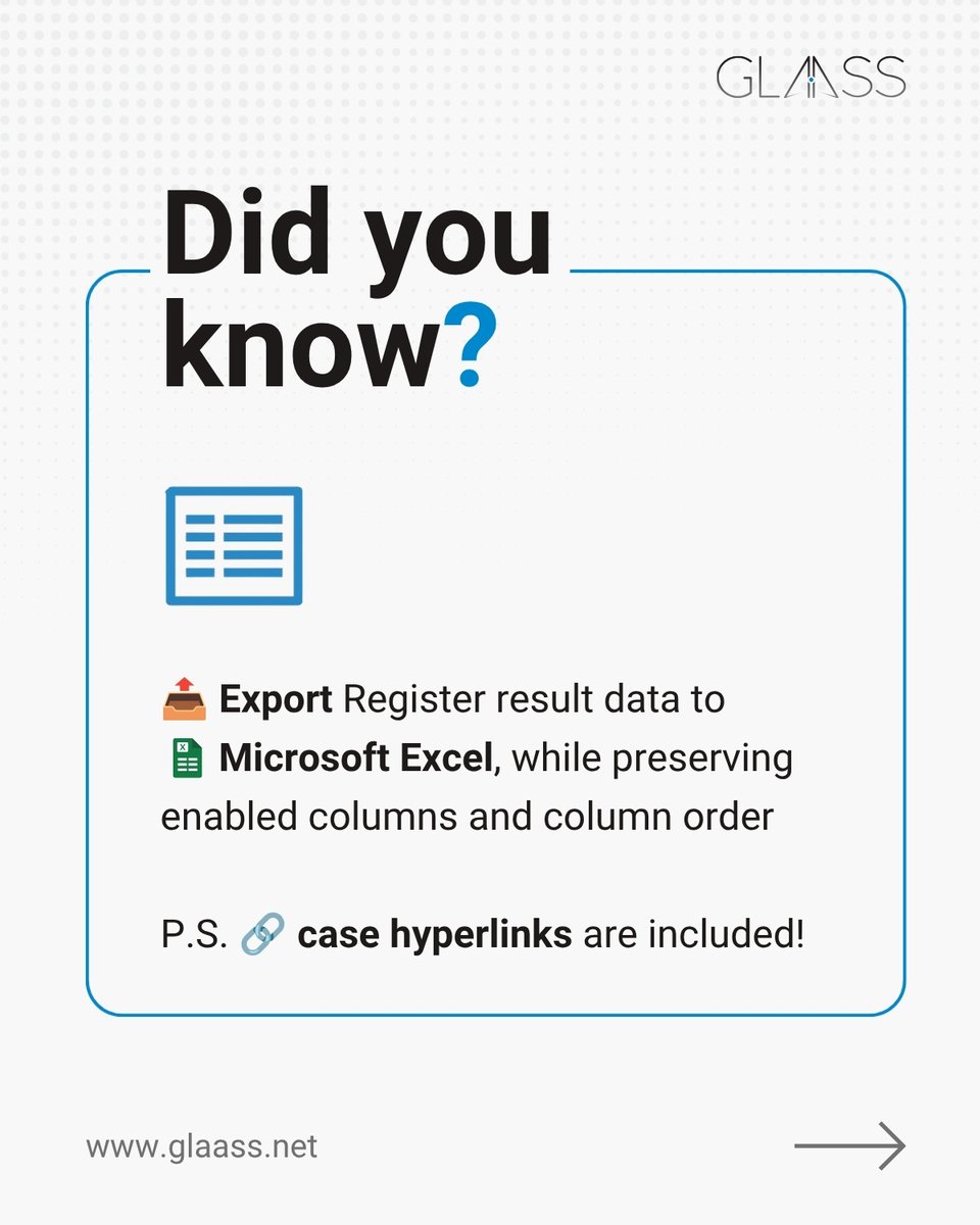 GlaassSoftware's tweet photo. DID YOU KNOW ❓

Liked finding out that Analytics can be exported to Excel? The good news is that Register searches can also be exported! The output reflects the visibility and order of the columns, and includes hyperlinks to the cases. 🔗 https://t.co/r9yHz7gICI