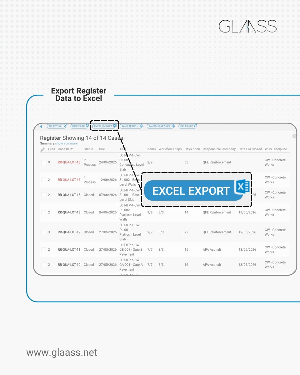 GlaassSoftware's tweet photo. DID YOU KNOW ❓

Liked finding out that Analytics can be exported to Excel? The good news is that Register searches can also be exported! The output reflects the visibility and order of the columns, and includes hyperlinks to the cases. 🔗 https://t.co/r9yHz7gICI