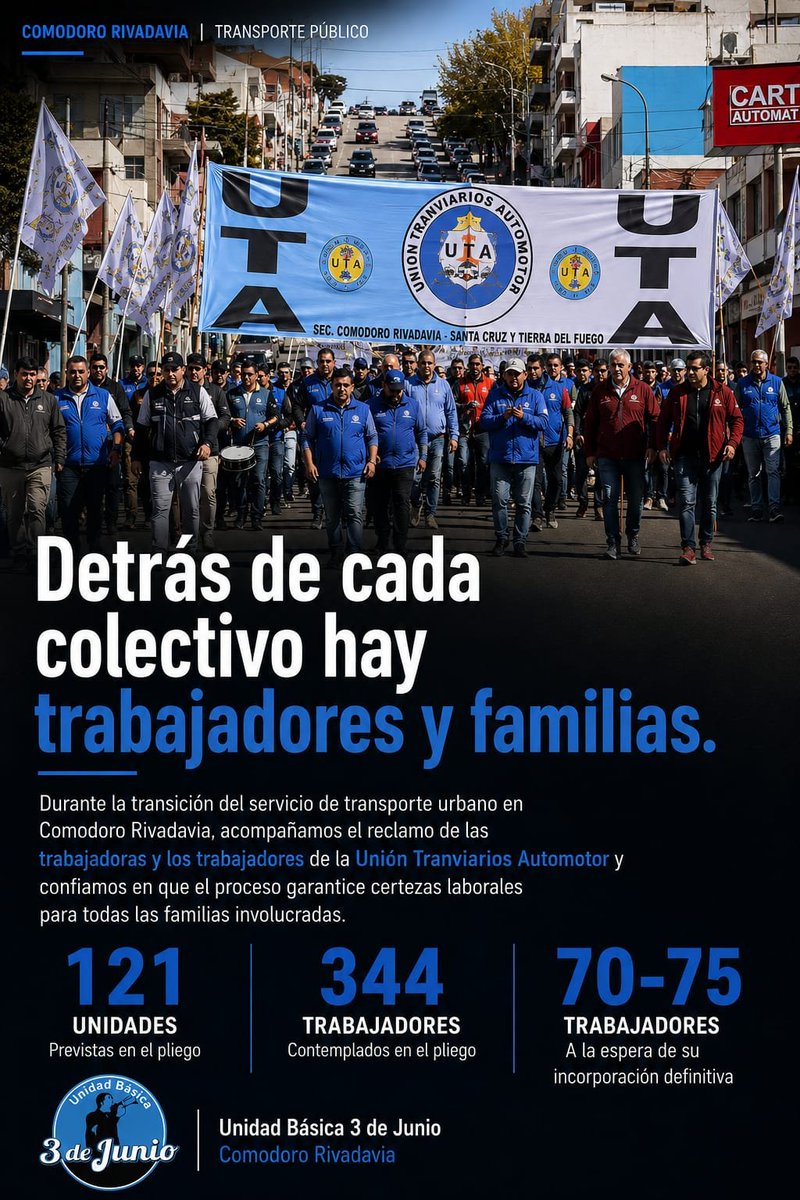 BASICA3DEJUNIO's tweet photo. Acompañamos firmemente el reclamo de los trabajadores de la UTA.
Exigimos que el nuevo pliego garantice certezas laborales y la incorporacion definitiva de cada una de las familias que forman parte del servicio.
Unidad Basica 3 de Junio - Comodoro Rivadavia💙✊️ https://t.co/tjjObPElHy