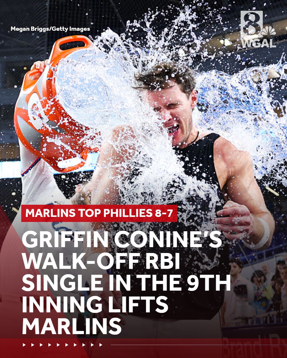 WGAL's tweet photo. Griffin Conine hit a walk-off run-scoring single to lift the Marlins past the Philadelphia Phillies 8-7 on Monday and end Miami’s franchise record 12-game losing streak. #PhiladelphiaPhillies #MiamiMarlins #NLEast #MLB #GriffinConine https://t.co/Py6YF0oWBy
