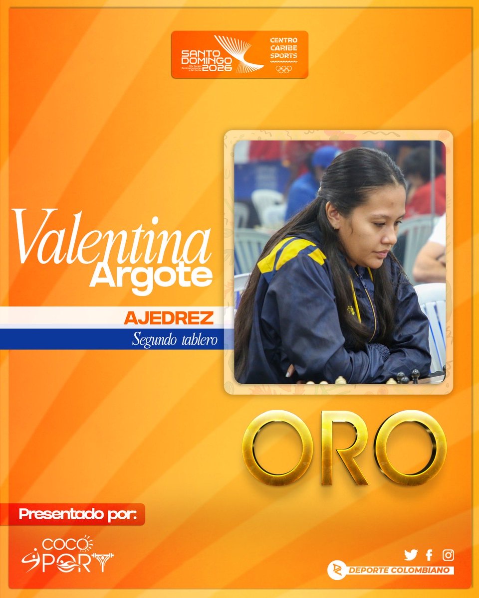 DeportColombia's tweet photo. ¡DOBLE ORO 🥇! Colombia es doble campeona en el ajedrez ♟️

Colombia volvió a celebrar en los Juegos Centroamericanos y del Caribe con la conquista de dos medallas de oro en las pruebas de tablero rápido.

¡Seguimos 💛💛💙❤️! https://t.co/K9gIpewub3