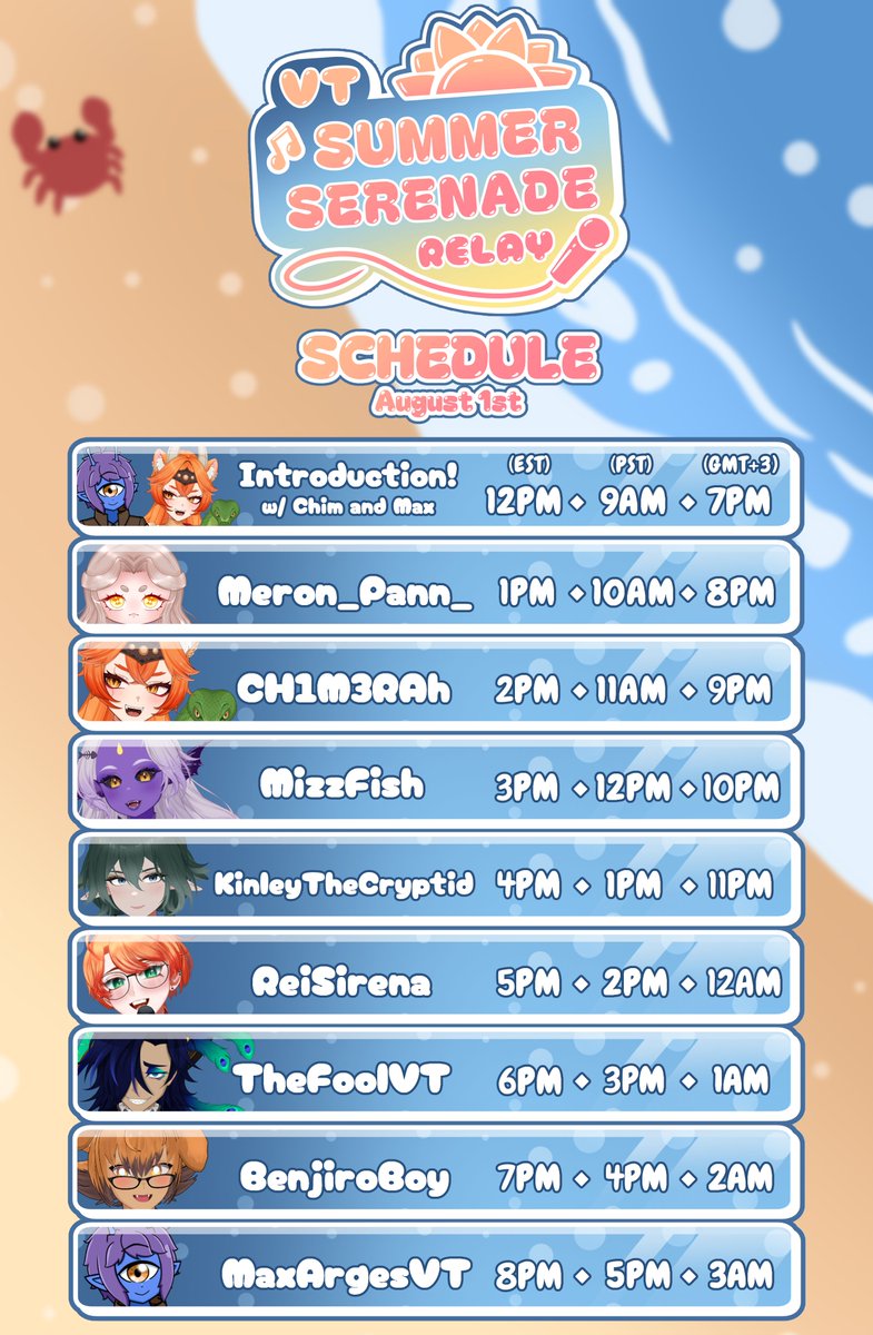 vtssrkaraoke's tweet photo. We are less than a week away from the Summer Serenade! Here is the full schedule with all of the talents and their time-slots! And stick around at the end for a special surprise!

Can't wait to see y'all there! 🦀🏝️ https://t.co/FsxkNnG6Nf