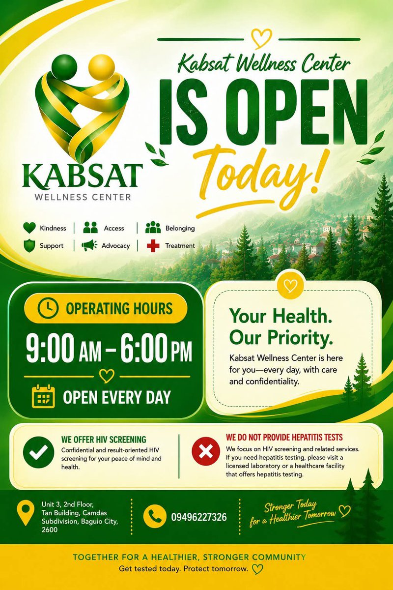Kabsatph's tweet photo. 💚We're OPEN today!💚

This #WorldHepatitisDay, take a step toward better health.
While we don't provide hepatitis tests, we offer FREE, confidential HIV screening in a private, safe &amp; non-judgmental space.

🕘 9AM–6PM, daily. 📍Baguio #KnowYourStatus https://t.co/Ve1ChEw1iL