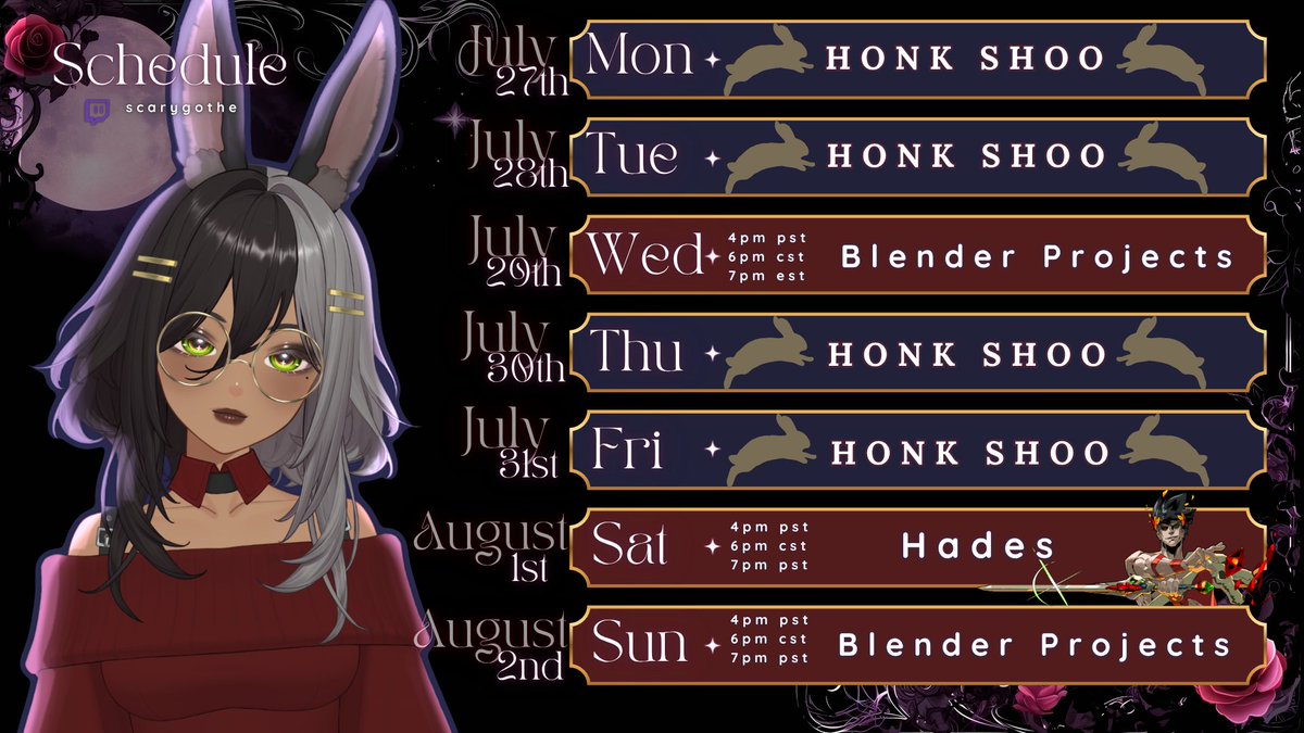 ScaryGothe's tweet photo. Here's this weeks schedule my delectable morsels~ https://t.co/zlKpdeUInK