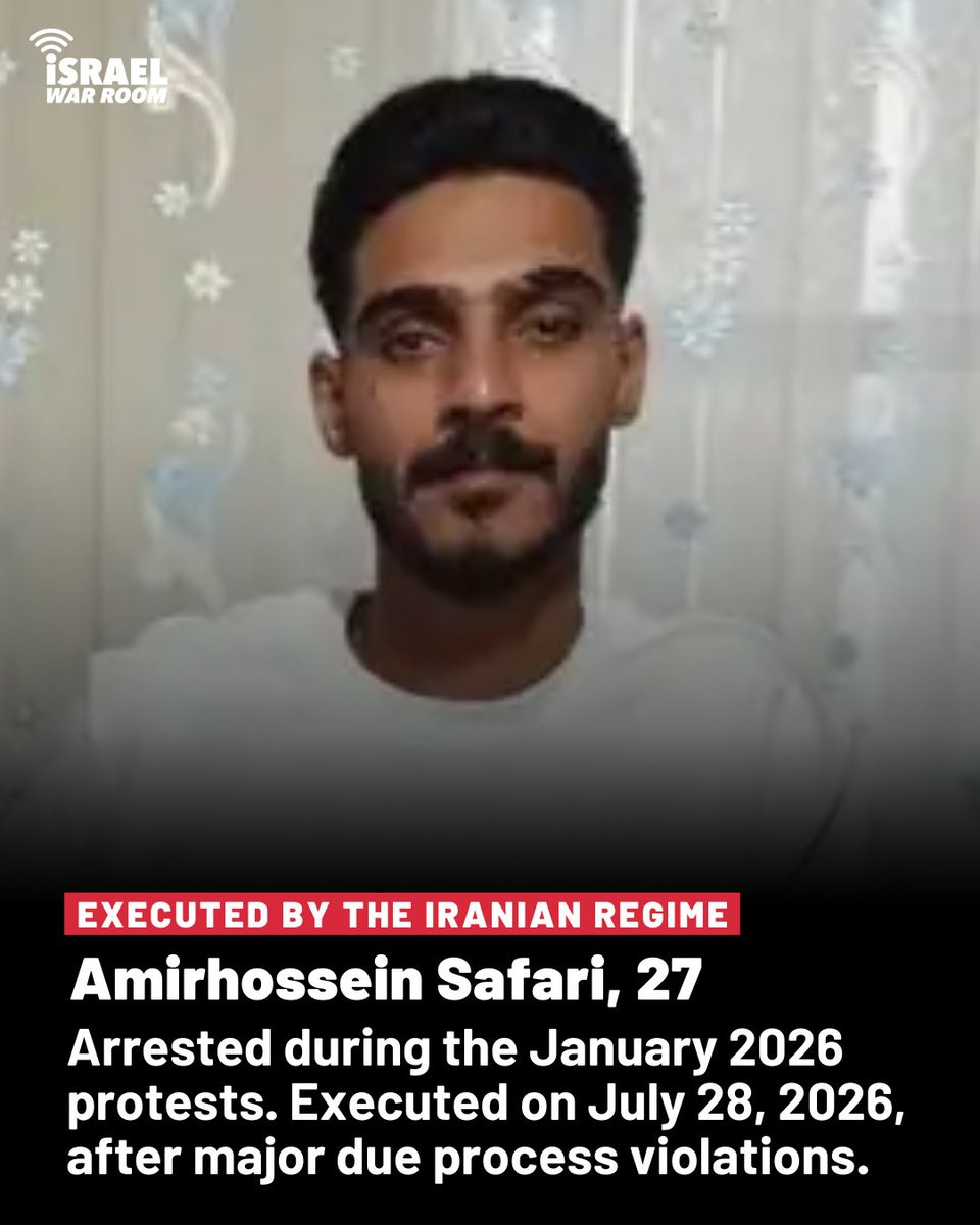 IsraelWarRoom's tweet photo. The Islamic Terror Regime in Tehran just publicly executed two more people accused of participating in the January 2026 protests.

Amirhossein Safari. Abolfazl Sepahi.

Say their names. https://t.co/G3X4oQplQf