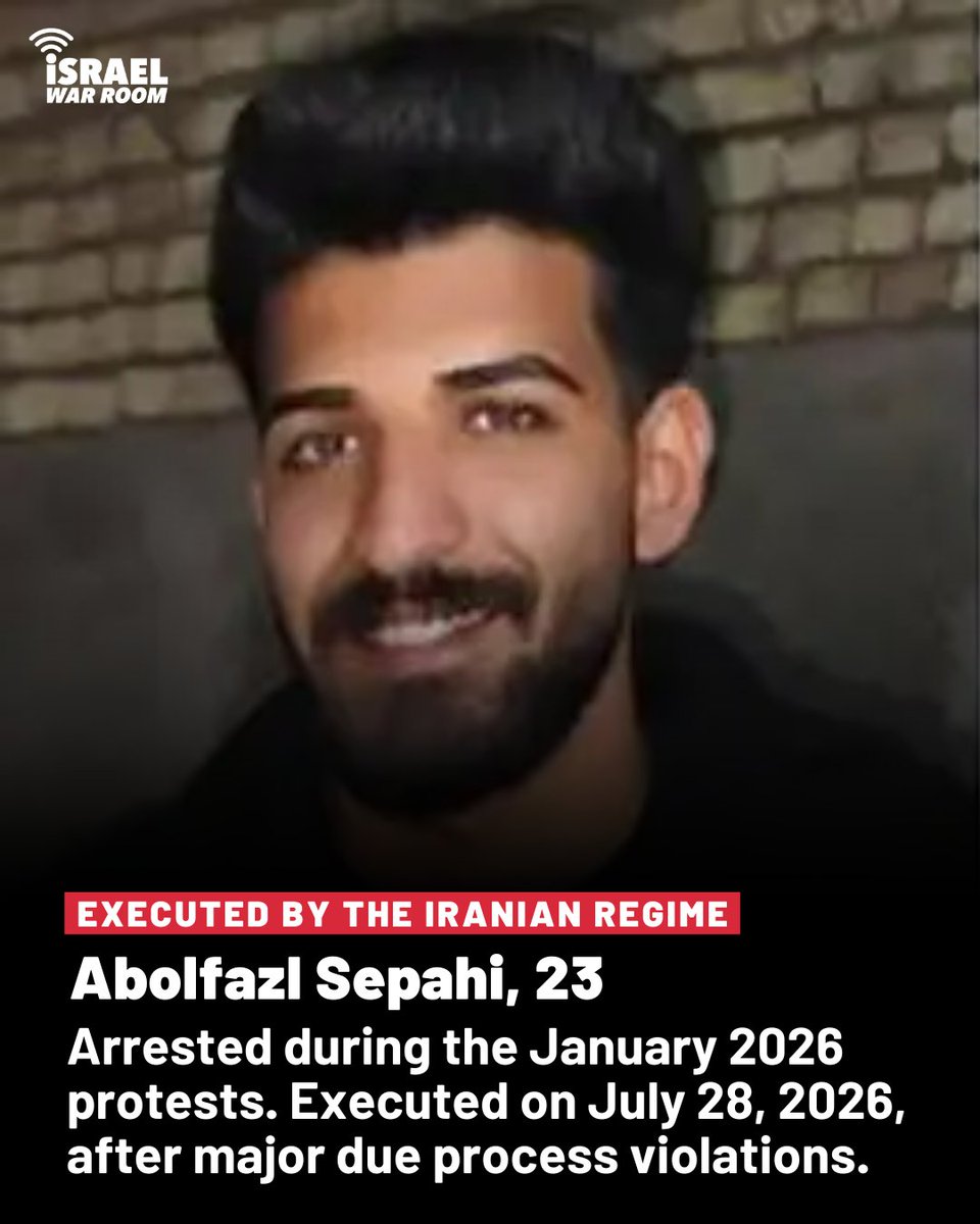 IsraelWarRoom's tweet photo. The Islamic Terror Regime in Tehran just publicly executed two more people accused of participating in the January 2026 protests.

Amirhossein Safari. Abolfazl Sepahi.

Say their names. https://t.co/G3X4oQplQf