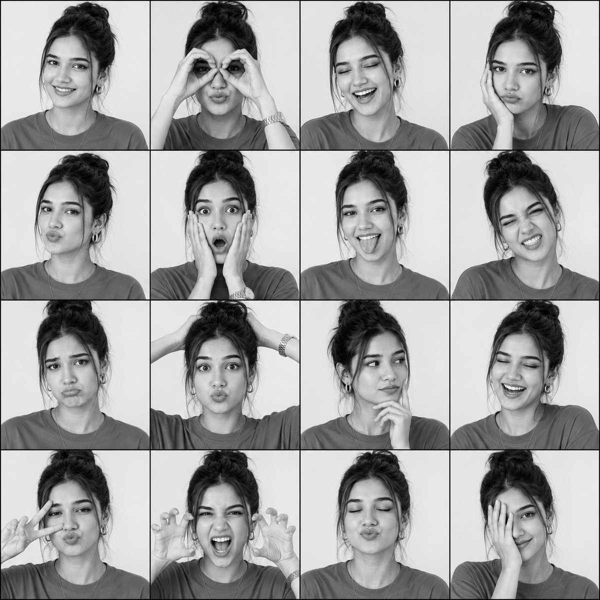 Black-and-White Photobooth Expression Grid