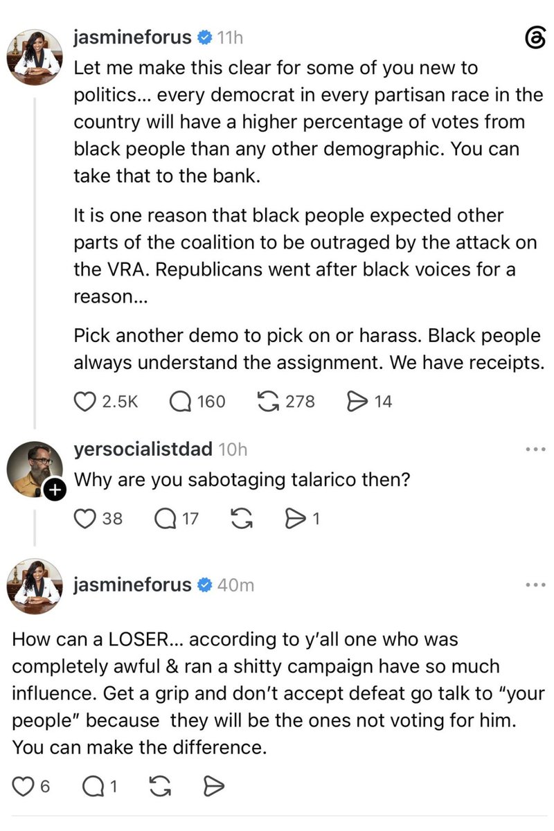 BenjaminPDixon's tweet photo. Y'all know I love BLACK WOMEN!

and I have had Jasmine Crocket's back and supported her up through the primaries.

But, family:

We are facing actual, factual, fascism and the destruction of our Republic.

We simply do not have time for this!

Can we all agree not to mention my dear sister, or a little as possible so we can retake the senate and stop Donald Trump's dismantling of the United States?

Let her do whatever she is going to be doing without your commentary because we do not need these types of back and forth...

Don't ask her anything. 
Do try to call her out. 
Don't try to ratio her.

Let Jasmine's fans say whatever they want. 

Don't even reply to them.

And if they don't want to vote for TALARICO because of <<insert justification>>, 

let's knock on 10 more doors and call 10 more phones for every one of Jasmine's supporters you see saying they're not voting.

For the love of democracy,

Can we simply put all our energy into defeating that MAGAt Ken Paxton and electing James Talarico.

I would like to leave my children a Republic.
