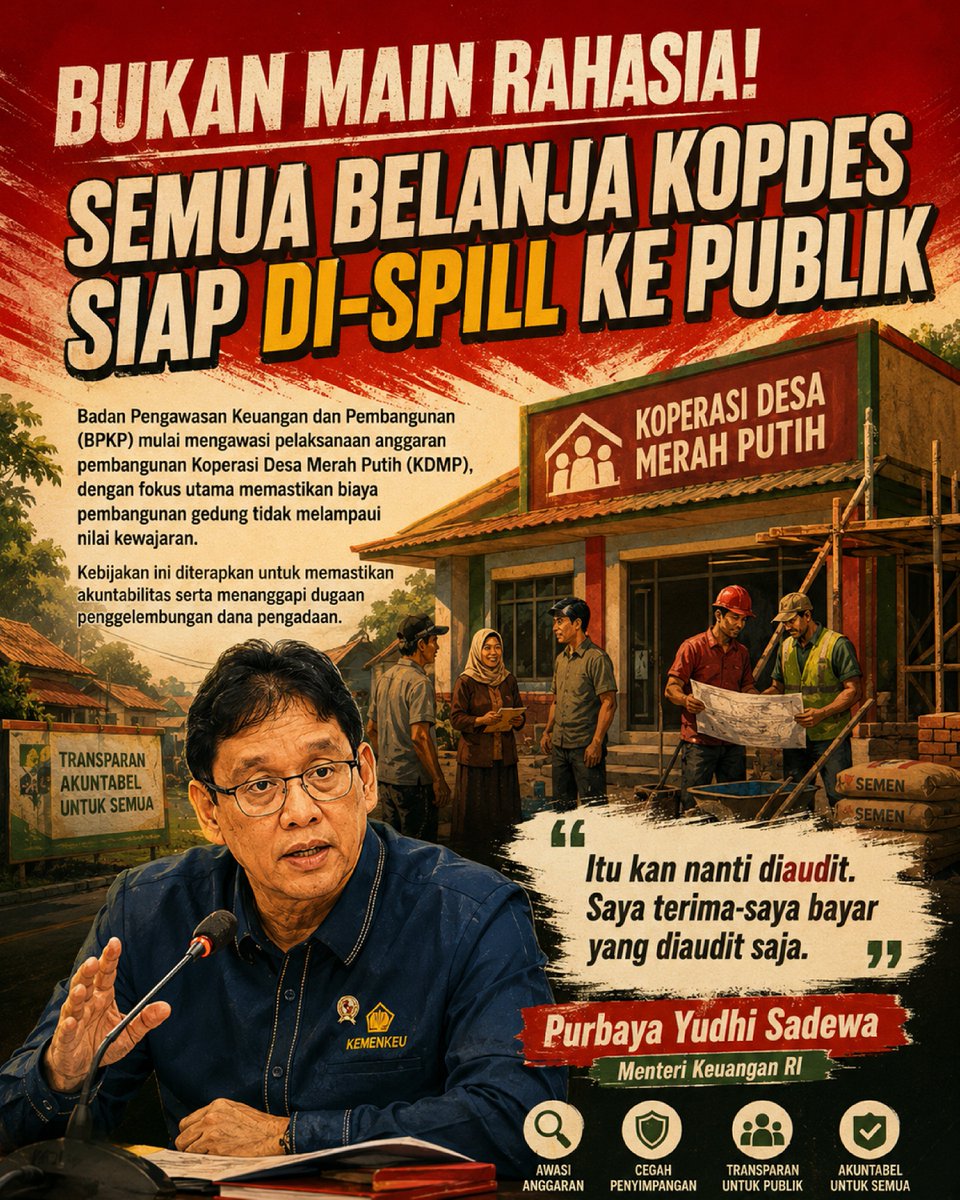 Meiraaash's tweet photo. Belanja Kopdes siap di-spill! Transparansi penuh dan pengawasan BPKP memastikan akuntabilitas anggaran Koperasi Desa Merah Putih. #jagaindonesia #Transparansi #BPKP https://t.co/9doMWYElYQ