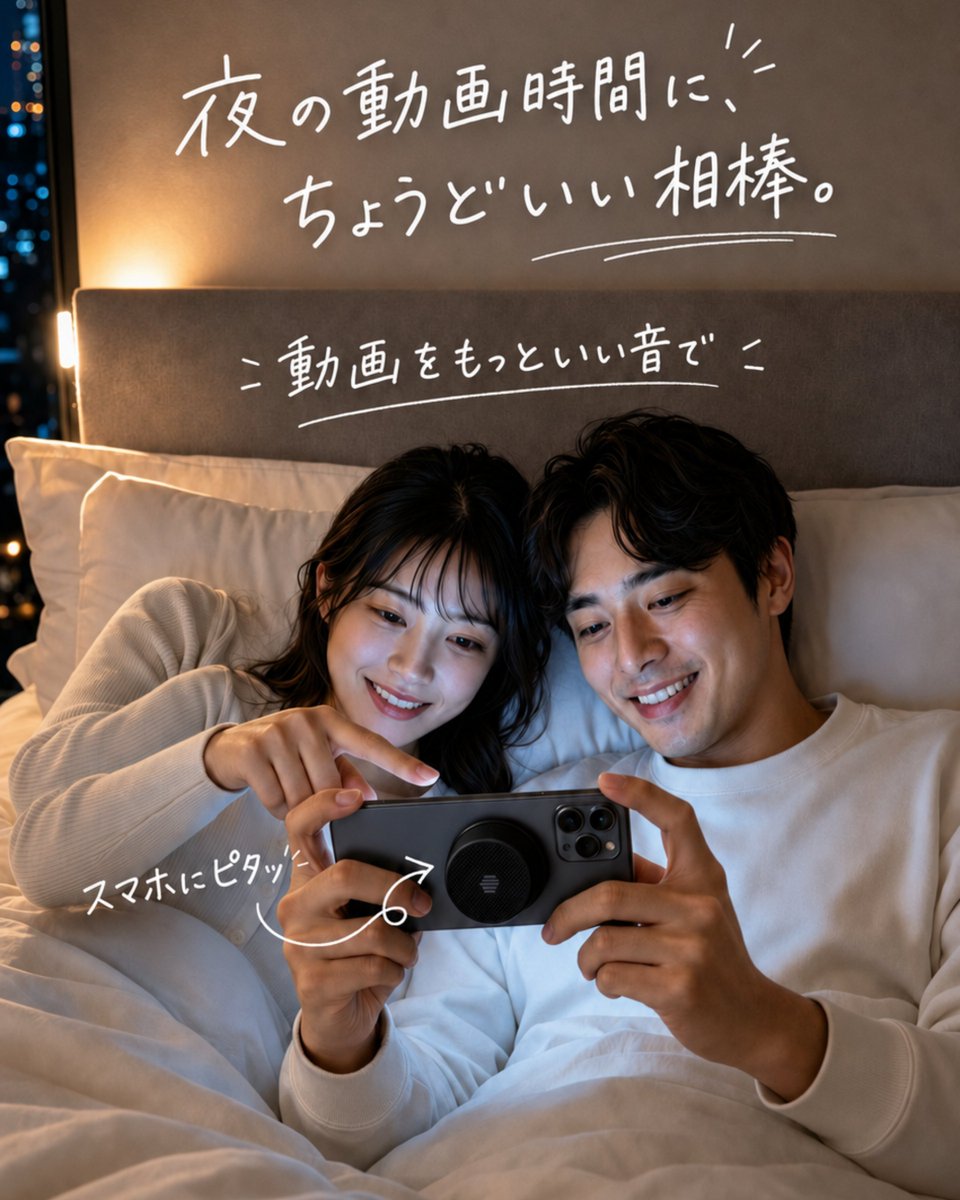 Miatone_JP's tweet photo. 夜の動画時間を、もっと心地よく。
スマホにピタッと装着すれば、
いつもの動画が、もっといい音に。
MagBoom Miniと、もう少しだけ夜ふかし。
#MIATONE #MagBoomMini #Bluetoothスピーカー #MagSafe対応 #動画視聴 #音楽 https://t.co/jl8qEwE4x0