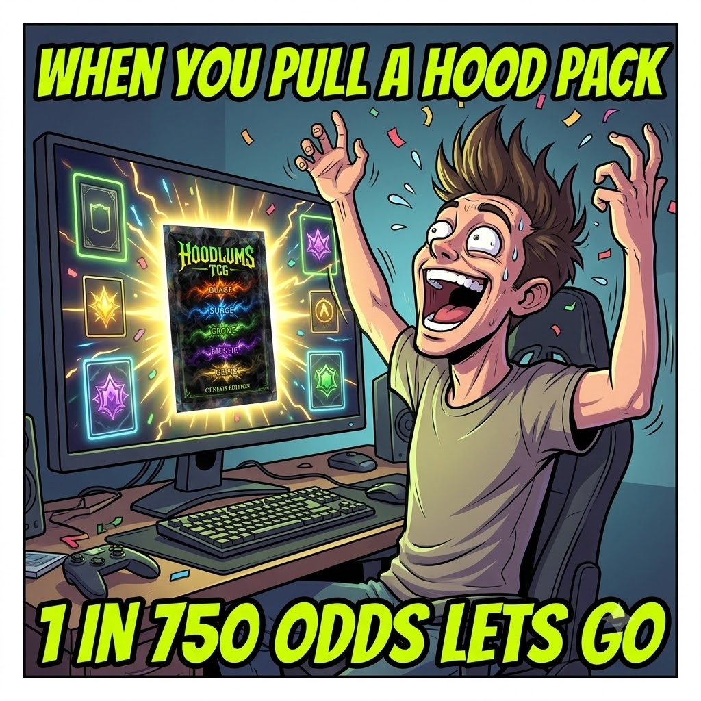 HoodlumsTCG's tweet photo. This energy right here. 😭⚡

1 in 750 odds. All 5 Hood Legends. One pack. One rip.

The Hood Pack is the rarest pull in Hoodlums TCG and somewhere in that mint contract it is waiting for someone to find it.

Will it be you? 👑
Only 1 Hood OG spot left for automatic WL spot and early access to the CA

https://t.co/9EFHqkjlyk

#HoodlumsTCG #RobinhoodChain