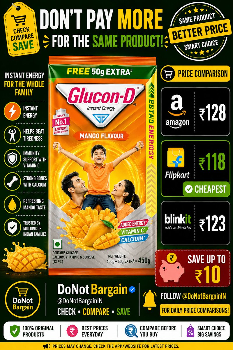 DoNotBargainIN's tweet photo. ❌ DON'T PAY MORE FOR THE SAME PRODUCT!
🥭 Glucon-D Mango Flavour (400g)
🛒 Amazon — ��128
🛒 Flipkart — ₹118 ✅ CHEAPEST
🛒 Blinkit — ₹123
💰 SAVE UP TO ₹10
Follow @DoNotBargainINFollow @DoNotBargainIN
CHECK • COMPARE • SAVE https://t.co/8AJggQybod