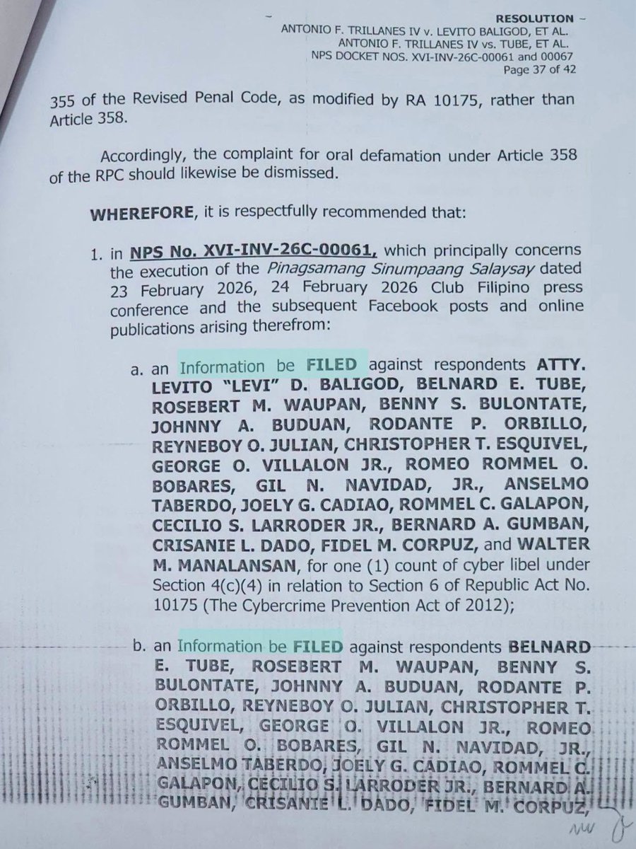 newswatchplusph's tweet photo. ‘MORE TO COME’

LOOK: Former Senator Antonio Trillanes on Tuesday, July 28, shared a copy of a Department of Justice resolution recommending the filing of cyberlibel charges against Atty. Levi Baligod and the 18 former bodyguards of fugitive Zaldy Co.

The recommendations appear to stem from the respondents' joint affidavit dated February 23, the Club Manila press conference on February 24, where Baligod presented the witnesses, and their subsequent Facebook posts.