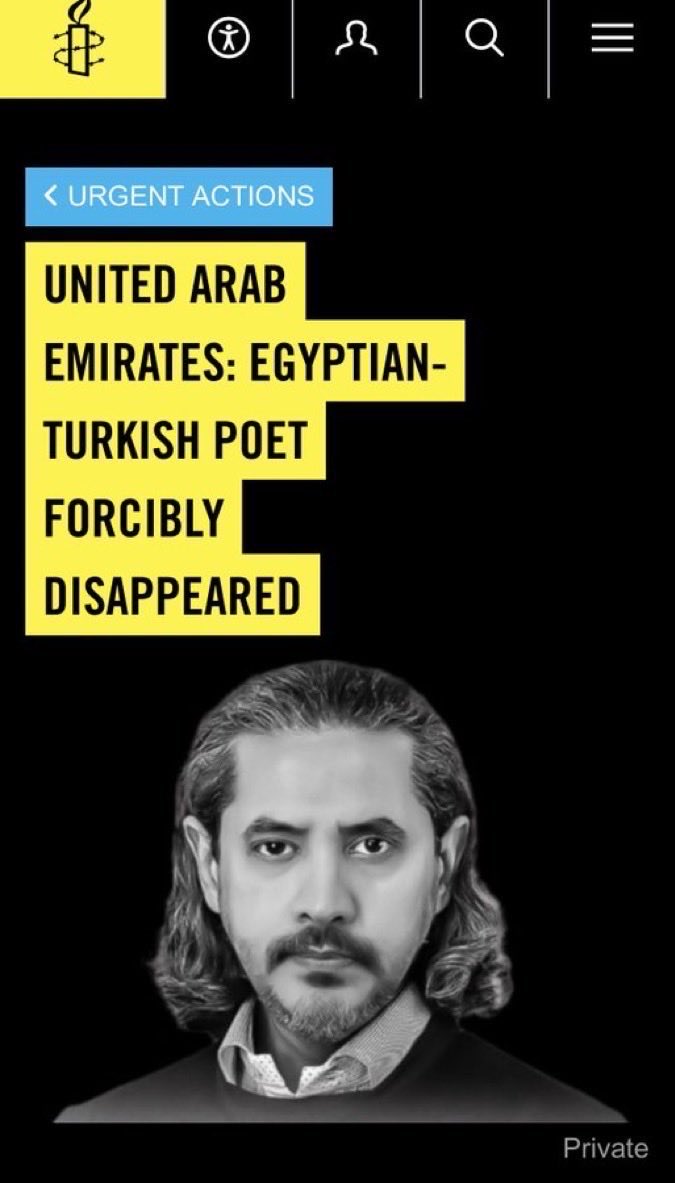 saadsobhi4466's tweet photo. 🚨 نداء عاجل 🚨

نناشد منظمة Amnesty International بالتحرك الفوري بشأن قضية عبد الرحمن يوسف القرضاوي، الشاعر المصري-التركي، لضمان سلامته وحمايته.

لقد تم اختطافه قسرًا في #الإمارات منذ 8 يناير 2025 بعد تسليمه من لبنان بسبب تعبيره السلمي عن آرائه.
مع استمرار الأزمة في الخليج، مكانه مجهول، مما يعرضه لمخاطر جسيمة.

نطالب باتخاذ إجراء عاجل وندعو إلى:

🔹 التأكد العاجل من مكانه وسلامته
🔹 ضمان وصوله إلى محاميه والتواصل مع عائلته
🔹 القيام بمناصرة دولية قوية لحمايته ومنع تعرضه لأي ضرر إضافي

@amnesty @AmnestyMENA @AmnestyUK @AmnestyCanada @amnestyusa
@UNHumanRights @UN_SPExperts @UNWorkingGroup
@aforgutu  @AmnestyAR 

#الحرية_للشاعر_عبد_الرحمن_يوسف
#عبدالرحمن_يوسف_القرضاوي_فين
#where_is_abdulrahman_yusuf_alqaradawi