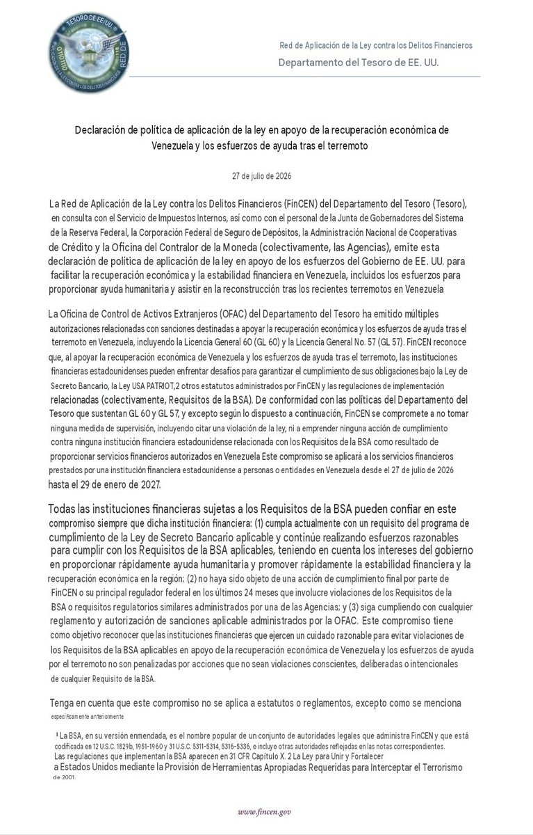 HeverCastroB's tweet photo. El Departamento Del Tesoro de los EE.UU ha emitido hoy una declaración, donde le dice a todas las entidades bancarias y de servicios financieros estadounidenses, que ya pueden prestarle servicios bancarios a ciudadanos Venezolanos que viven en Venezuela hasta el 29 de enero de 2027, esto por motivos de la emergencia de los terremotos. La declaración dice que la Red de la Aplicación de la Ley Contra los Delitos Financieros (FinCEN) no tomará ninguna acción en contra de alguna entidad financiera, que a partir de hoy le preste servicios a los Venezolanos.

Imagino que por ejemplo plataformas como @airtminc que habían habilitado las cuentas estadounidenses para venezolanos que viven en Venezuela hasta el 23 de octubre de 2026, ya las extenderán hasta el 29 de enero de 2027.

A la izquierda en español y a la derecha en Inglés: 👇