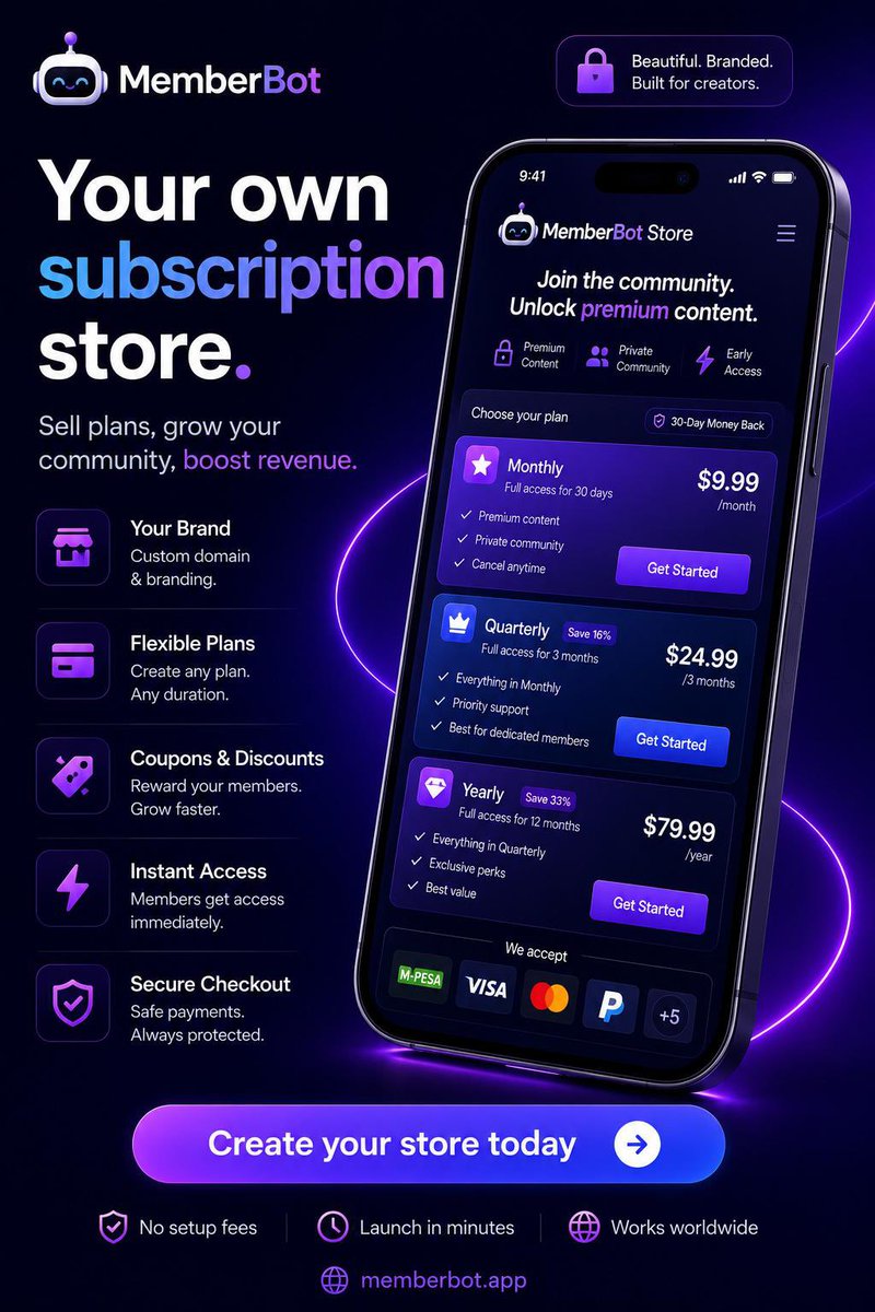edgarobare's tweet photo. Sell memberships on Telegram or Discord
• Keep 100% of your sales — we never take a cut
• No cap or commissions on how much you make
• Get paid the way your audience actually pays: M-Pesa, PayPal, Cards, Crypto and more straight to you #memberbot
Sign up - https://t.co/KenL0UpqVg