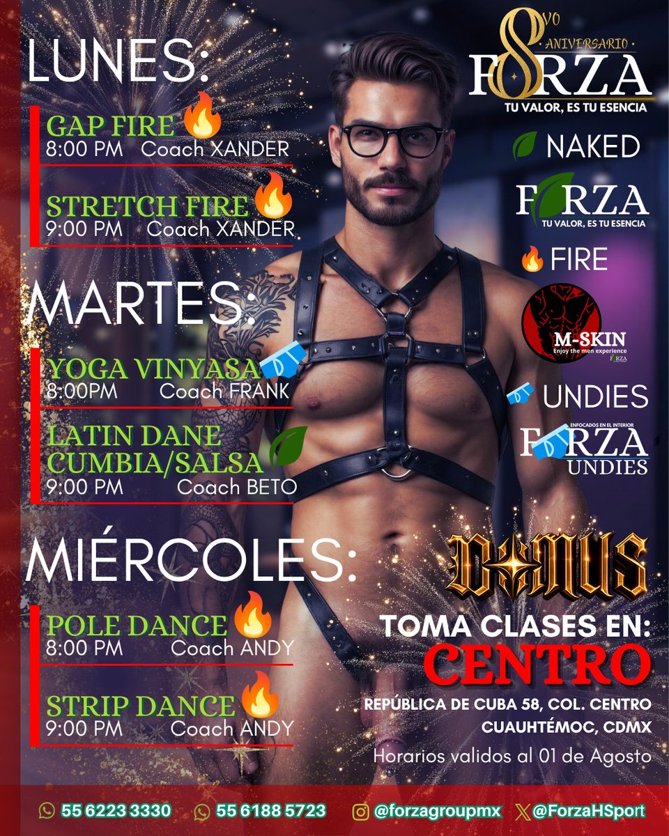 DOMUSCC's tweet photo. FORZA llega a DOMUS 🌿
Clases de expresión corporal sin ropa, exclusivas para varones. Un espacio seguro y libre de prejuicios para conectar.

Lun: Gap Fire 8 PM · Stretch Fire 9 PM
Mar: Yoga Vinyasa 8 PM · Latin Dance 9 PM
Mié: Pole Dance 8 PM · Strip Dance 9 PM

$150 por clase https://t.co/ntDD9v4sfm