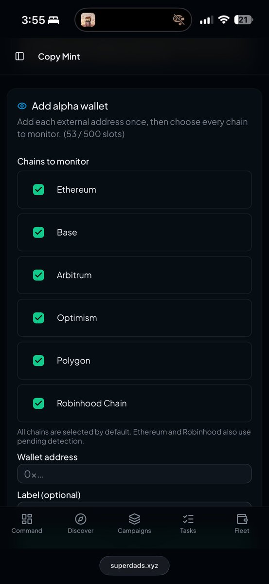 _mintdash's tweet photo. Unified the tracking system and enabled more chains 
You can select the chains you want to copy for any specific wallet you track https://t.co/6wGsVKZpb4
