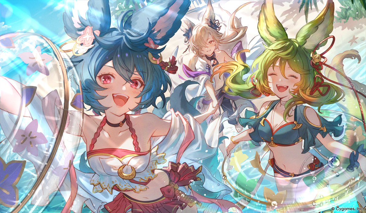 granbluefantasy's tweet photo. 【グランブルーファンタジー】イベント「フォックステイル・サマー」が7/29(水)より開催！
アウギュステフェスに琵琶奏者として招待されたスイと一緒にアウギュステにやってきたヨウとコウ。3人は海に目を輝かせながら一緒に砂浜を走っていく。 #グラブル https://t.co/wa6tyZEj8A