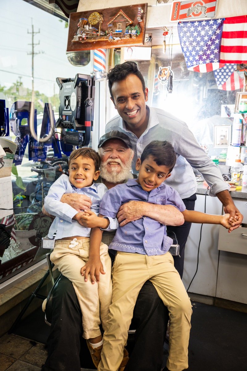 VivekGRamaswamy's tweet photo. DJ was the first entrepreneur I ever met &amp; he taught me the importance of hard work, as he used to cut my hair in Sharonville back in the 90s. He gave my two boys a haircut today &amp; imparted the same wisdom to them. 🙏 https://t.co/7t6Hr58hiX