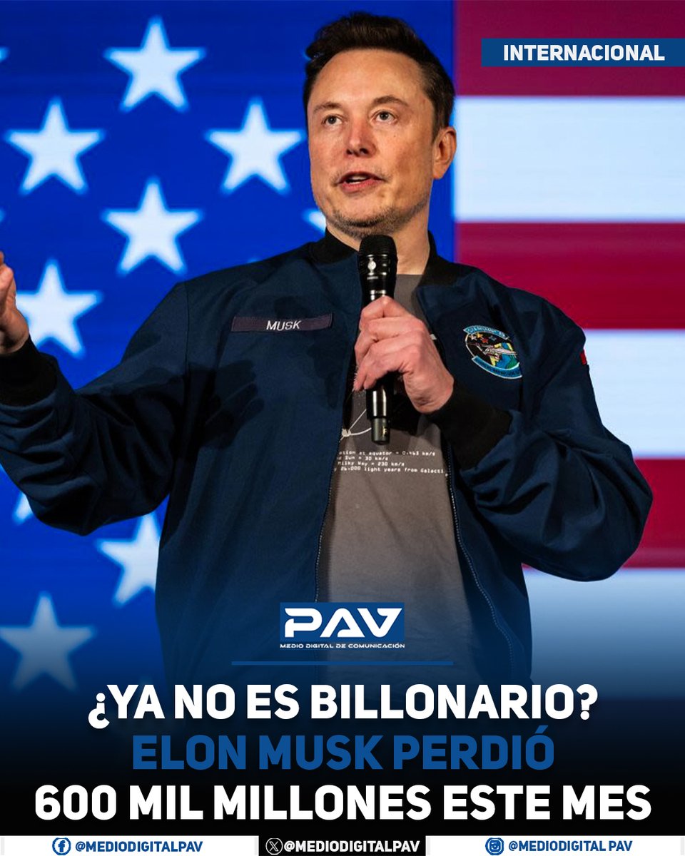 MedioDigitalPAV's tweet photo. #Internacioinal | 💰📉 #ElonMusk dejó de superar el billón de dólares de patrimonio, luego de que su fortuna registrara una fuerte caída en las últimas semanas.
El descenso estuvo marcado por la pérdida de valor de #SpaceX... https://t.co/tIQ28KjyYd