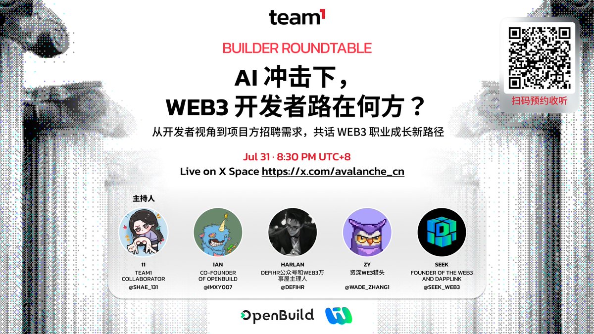 Avalanche_CN's tweet photo. 🚀 Team1 Builder Roundtable｜AI 冲击下，Web3 开发者路在何方？

AI 正在快速改变开发方式，也在重塑项目方的人才需求。Web3 开发者应该如何应对？

本周五晚8:30，我们将围绕以下话题展开讨论：

🔺 AI 对 Web3 开发岗位带来的冲击与变化
🔺 项目方真正需要什么样的开发者
🔺 开发者如何提升竞争力，让 AI 真正成为自己的助力

🎙 主持人：@SHAE_131｜Team1 Collaborator

Team1 Builder Roundtable邀请到来自开发者教育、人才招聘和 Web3 创业一线的嘉宾：

👨‍💻 @IMXY007｜@OpenBuildxyz 联合创始人
长期推动 Web3 开发者教育、技术社区与人才生态建设。

💼 @DEFIHR｜DeFiHR 公众号及「Web3 万事屋」主理人
持续关注 Web3 人才市场、职业发展与行业招聘趋势。

🔍 @WADE_ZHANG1｜资深 Web3 猎头
从招聘一线分享项目方用人需求，以及开发者求职中的真实机会与挑战。

🛠 @SEEK_WEB3｜The Web3 与 DappLink @0xtheweb3创始人，长期从事 Web3 开发者技术教育，并从创业者、开发者和用人方视角分享行业观察。

点击预约收听，不要错过 🎧 
https://t.co/8arMRBEDBB