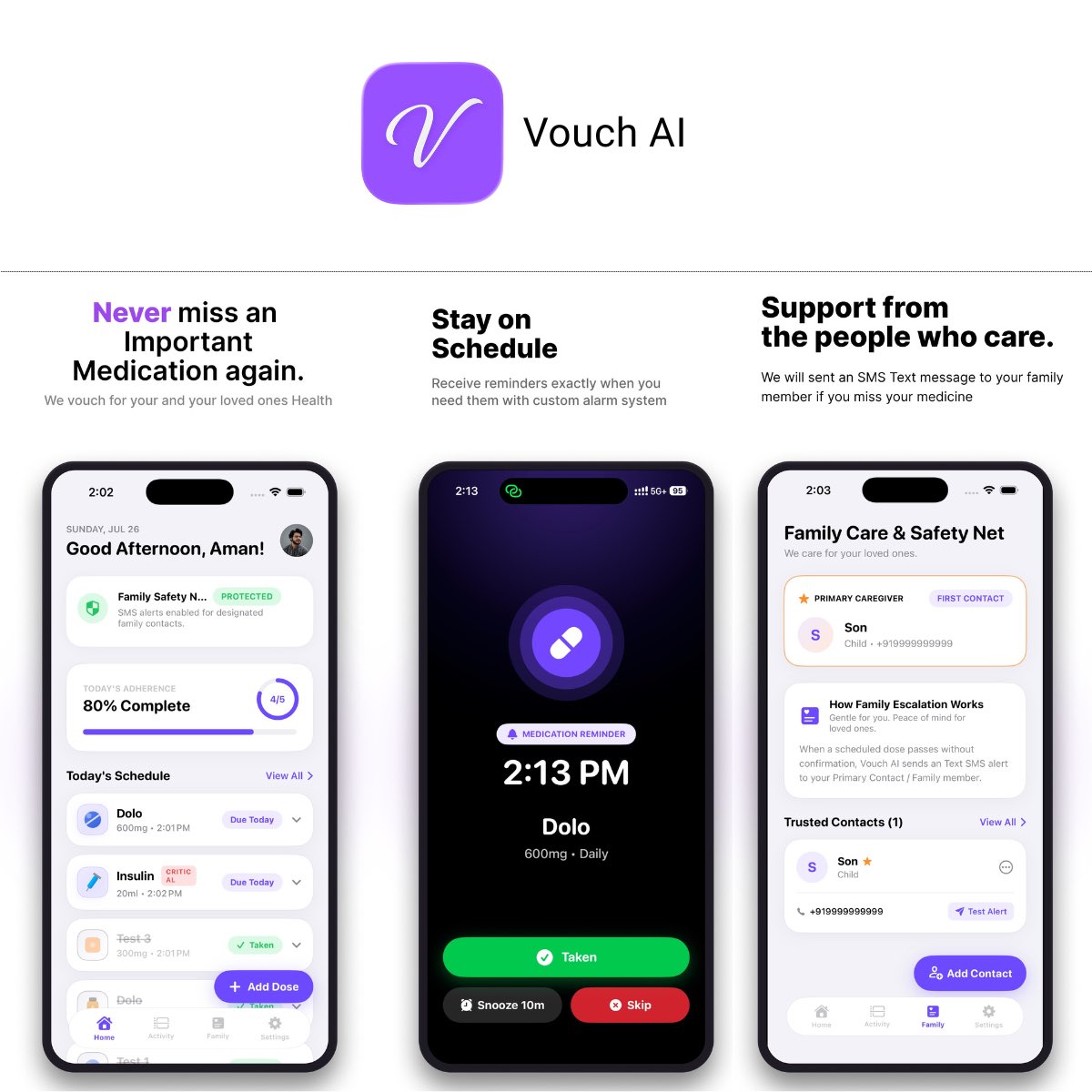 amansaini_11's tweet photo. Building Vouch AI: If you miss your medication 3 times in a row (alarms 5 min apart), we text a family member.
No app for them to install, just a text SMS. 

Launching soon. Building this because "did you take your pills today?" shouldn't be a daily phone call. 
@Vouchaiapp https://t.co/3pekQBybCW