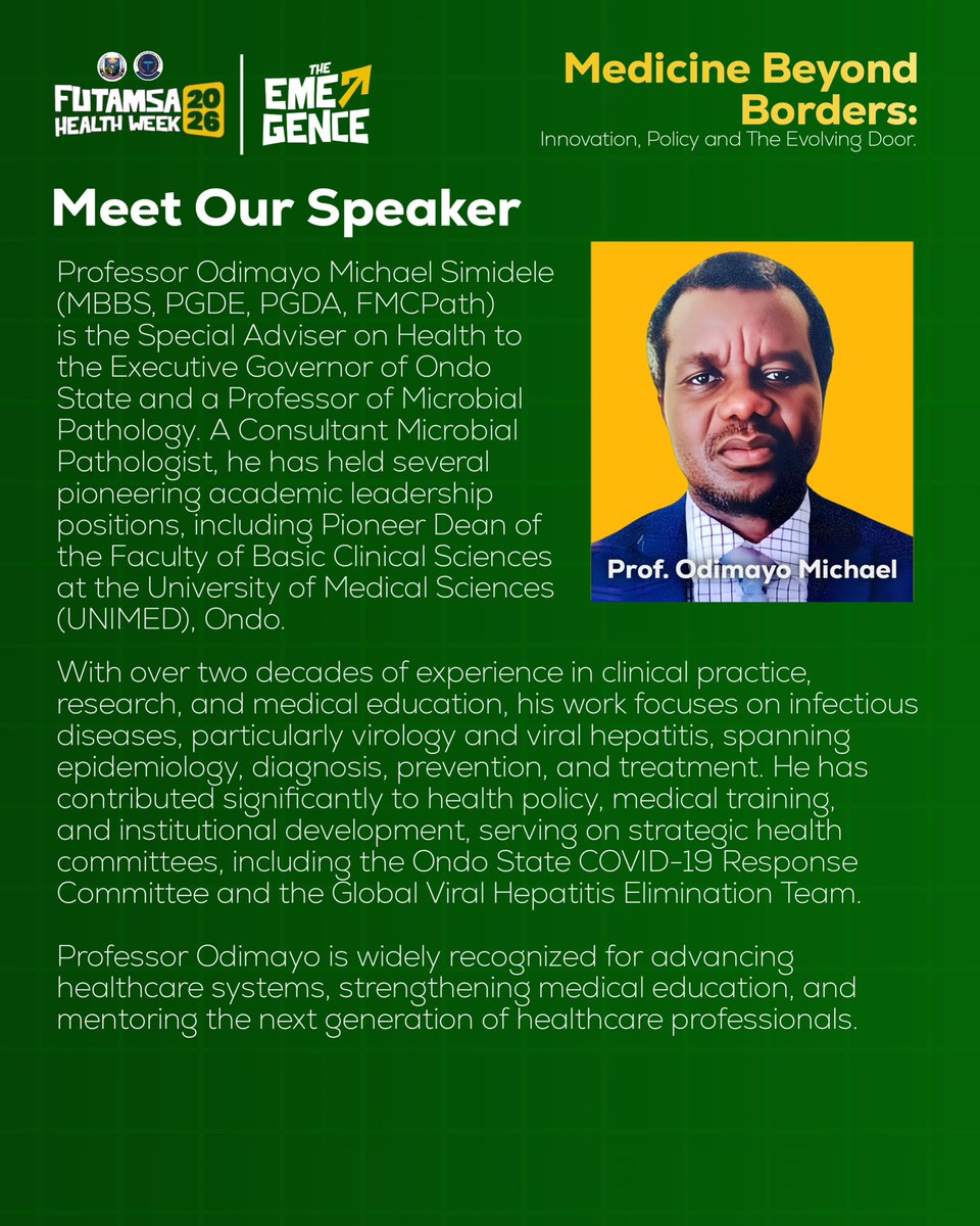 futa_msa's tweet photo. Meet Our speaker and panelists for the healthweek 2026 symposium.
Time remains 9:00am β° today
At Hilltop auditorium π FUTA.
#futamsa #futamsahealthweek #hw26 #MedicalStudents #emergence https://t.co/GtmDZrk3qA