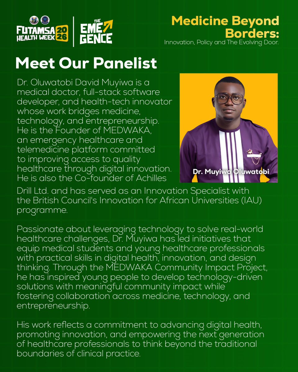 futa_msa's tweet photo. Meet Our speaker and panelists for the healthweek 2026 symposium.
Time remains 9:00am β° today
At Hilltop auditorium π FUTA.
#futamsa #futamsahealthweek #hw26 #MedicalStudents #emergence https://t.co/GtmDZrk3qA