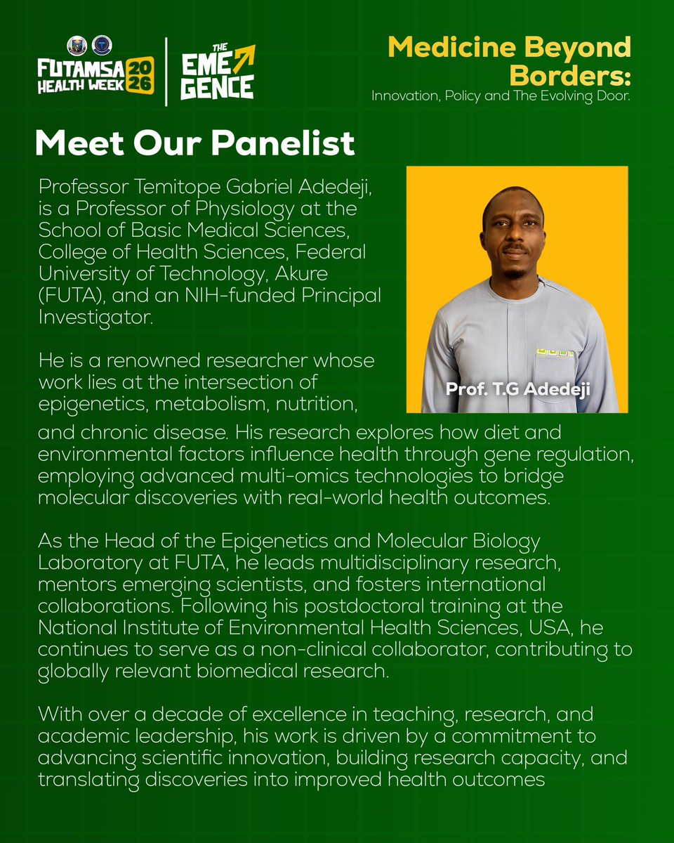 futa_msa's tweet photo. Meet Our speaker and panelists for the healthweek 2026 symposium.
Time remains 9:00am β° today
At Hilltop auditorium π FUTA.
#futamsa #futamsahealthweek #hw26 #MedicalStudents #emergence https://t.co/GtmDZrk3qA
