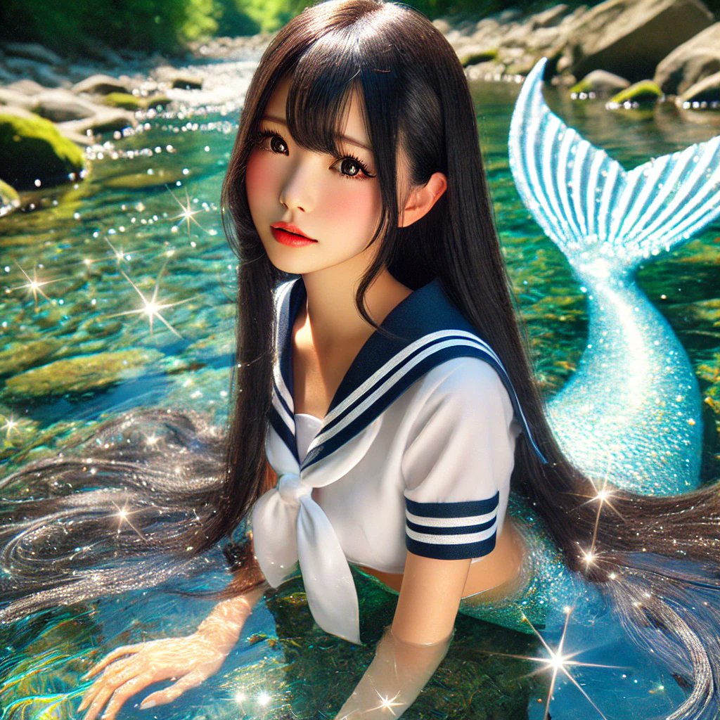 SSM_PRJ's tweet photo. 避暑地の渓流で涼む人魚さん。
#AIArt #セーラー服 #人魚 https://t.co/jMZ39pD9WW