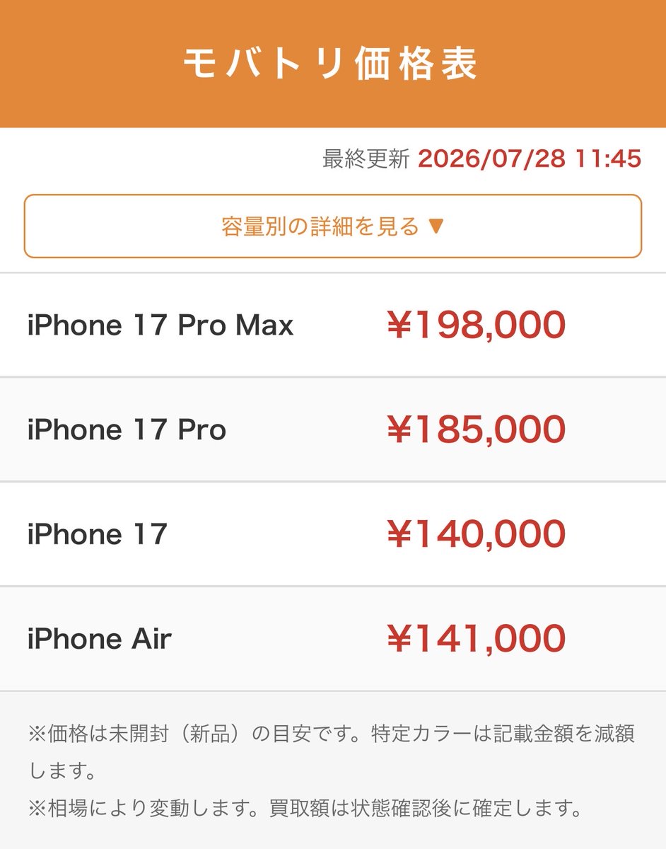 mobatori_tento's tweet photo. 7/28(火)
買取ポメ改め、【モバトリ】です🐥

本日の価格表！！
詳しくはこちらをチェック📱
👉🏻https://t.co/EwQ98MkfQX

お問い合わせお待ちしております🙏

公式ライン
👉🏻https://t.co/1yjEMcIpX2
🕚営業時間：11:00～20:00

【 振込買取 】
〒103-0024
東京都中央区日本橋小舟町7-2
小舟町243ビル3F

【 現金買取・郵送買取 】
〒135-0023
東京都江東区平野3-2-6
木場パークビル2F

#iPhone #スマホ買取 #iPhone買取 #買取 #モバトリ