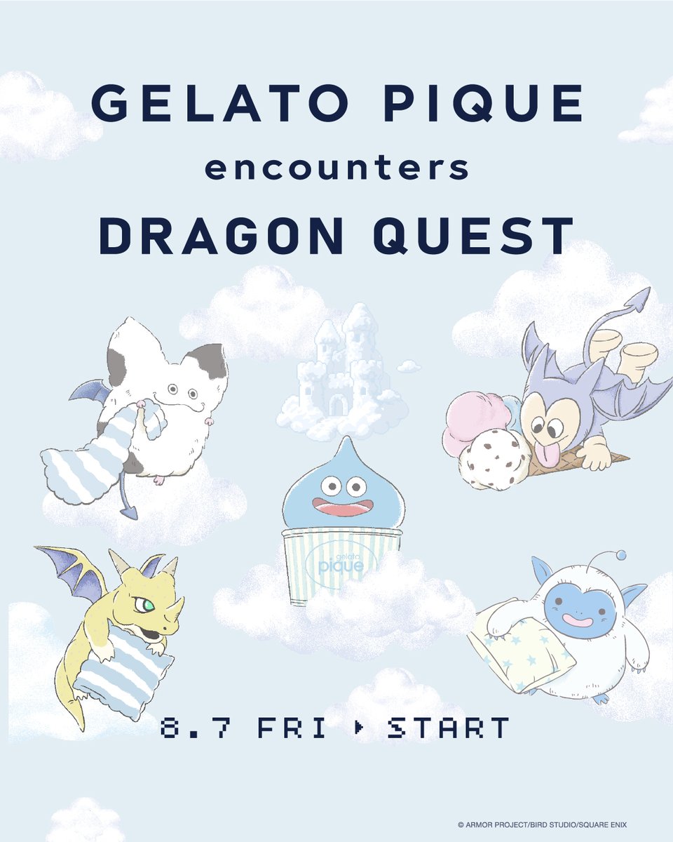 USAGIONLINE's tweet photo. - - - - - - - - - - - -
8.7  FRI COMING SOON
- - - - - - - - - - - -

▶GELATO PIQUE encounters DRAGON QUEST

https://t.co/0sk7NEPQbN

ドラゴンクエストとのコラボレーションが8月7日（金）に発売！
雲が浮かぶ空の世界に、ボーダー柄のおやすみグッズなどと一緒に描きおろしのモンスターたちがあしらわれたスペシャルなコレクション！販路限定アイテムも登場！

- - - - - - - - - - - -

40周年を迎えたドラゴンクエストと
ジェラート ピケのコラボレーション第2弾。

ジェラート ピケでしか出会えない描きおろしの
オリジナルアートで表現したモンスターたちが登場。

冒険のおわりには、まくらやブランケットを手にとって、
ジェラート ピケのルームウェアに包まれながら
みんなでおやすみの準備を。

空に浮かんでいるような、ふわふわとしたここちよさで
あたたかい眠りにつく、やすらぎの瞬間。
なかまたちと一緒に、素敵なゆめのつづきを・・・

- - - - - - - - - - - -

The second collaboration between GELATO PIQUE and Dragon Quest, as the legendary RPG series celebrates its 40th anniversary.

This collaboration features exclusive original artwork created just for this collection. Beloved monsters from the world of DRAGON QUEST make a special appearance in designs that can only be found at gelato pique.

At the end of your adventure, gather your favorite pillow and blanket, slip into gelato pique loungewear, and get ready for a cozy night’s rest.

Drift into a warm and peaceful sleep, wrapped in cloud-like softness and comfort.
Together with your companions, continue the journey through sweet dreams yet to come…

#gelatopique
#ジェラートピケ
#roomwear
#ルームウェア
#dragonquest
#ドラゴンクエスト
#DQ40th
 @DQ_PR
