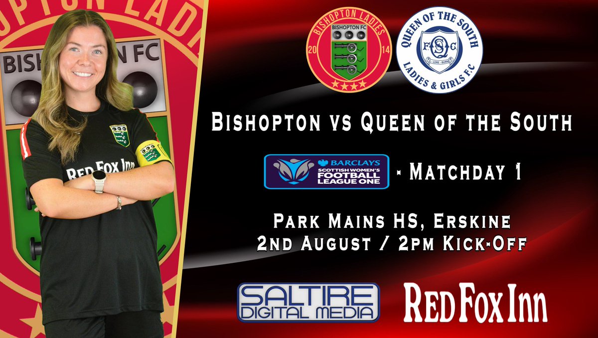 BishoptonFcl's tweet photo. This Sunday, we make our debut in @SWFLeagueOne.
Bishopton Ladies vs Queen of the South @ Park Mains HS, with a 2pm KO.
#monthebishy #redfoxinn #saltiredigitalmedia https://t.co/5f0Stl6CNR