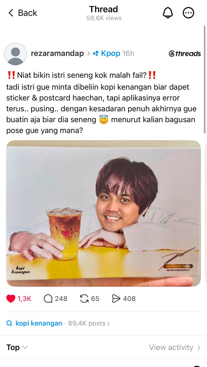 bunchookie's tweet photo. Kakkkk, temen kantor aku 😭☝🏼wkkwkw ga ekspek dia bikinin istrinya postcard kopi kenangan x haecan’t.. happy terus pernikahannya ya mas mbaaaa 🤣😭 https://t.co/DXaVfMdh0x