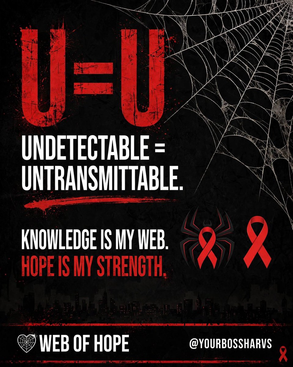 yourbossharvs's tweet photo. U=U: Undetectable = Untransmittable. Knowledge is power, hope is strength. Take control of your status and weaver a stronger future. 🕸️💕 #WebOfHope https://t.co/vM32SlX5TJ