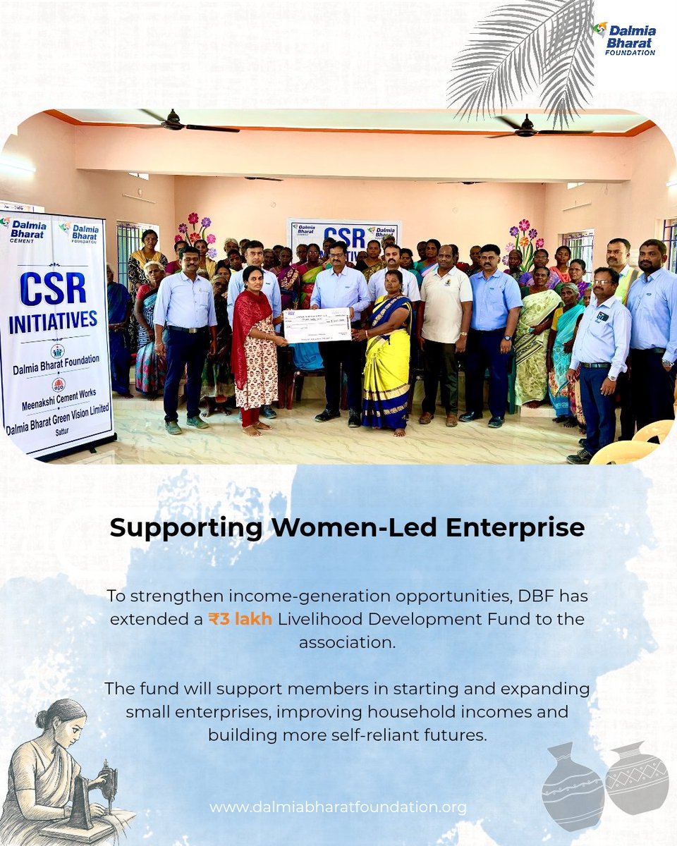 Dalmia_DBF's tweet photo. Dalmia Bharat Foundation has brought together 60 women across five SHGs in Sattur. 
With a ₹3 lakh Livelihood Development Fund, the association will help women build sustainable income opportunities and stronger futures. 

#DalmiaBharatFoundation  #sustaiinablelivelihoods https://t.co/uRQRz1RLni