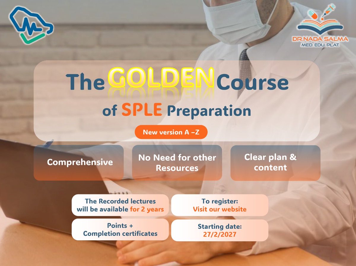 drNadaSalma's tweet photo. الكورس الذهبي في حلته الجديدة✨
💛
The Golden course of #SPLE preparation
💛
 يساعد في اجتياز اختبار الهيئة ومراجعة تخصص الصيدلة 😍👏🏻
🧡كورس متكامل A - Z
🧡استناداً على مراجع موثوقة متكاملة
🧡خطة واضحة وشرح متقن
🛑خصم للتسجيل المبكر
للتسجيل:✅
https://t.co/BGqC7u5qoI https://t.co/gYYsSKZ5QL
