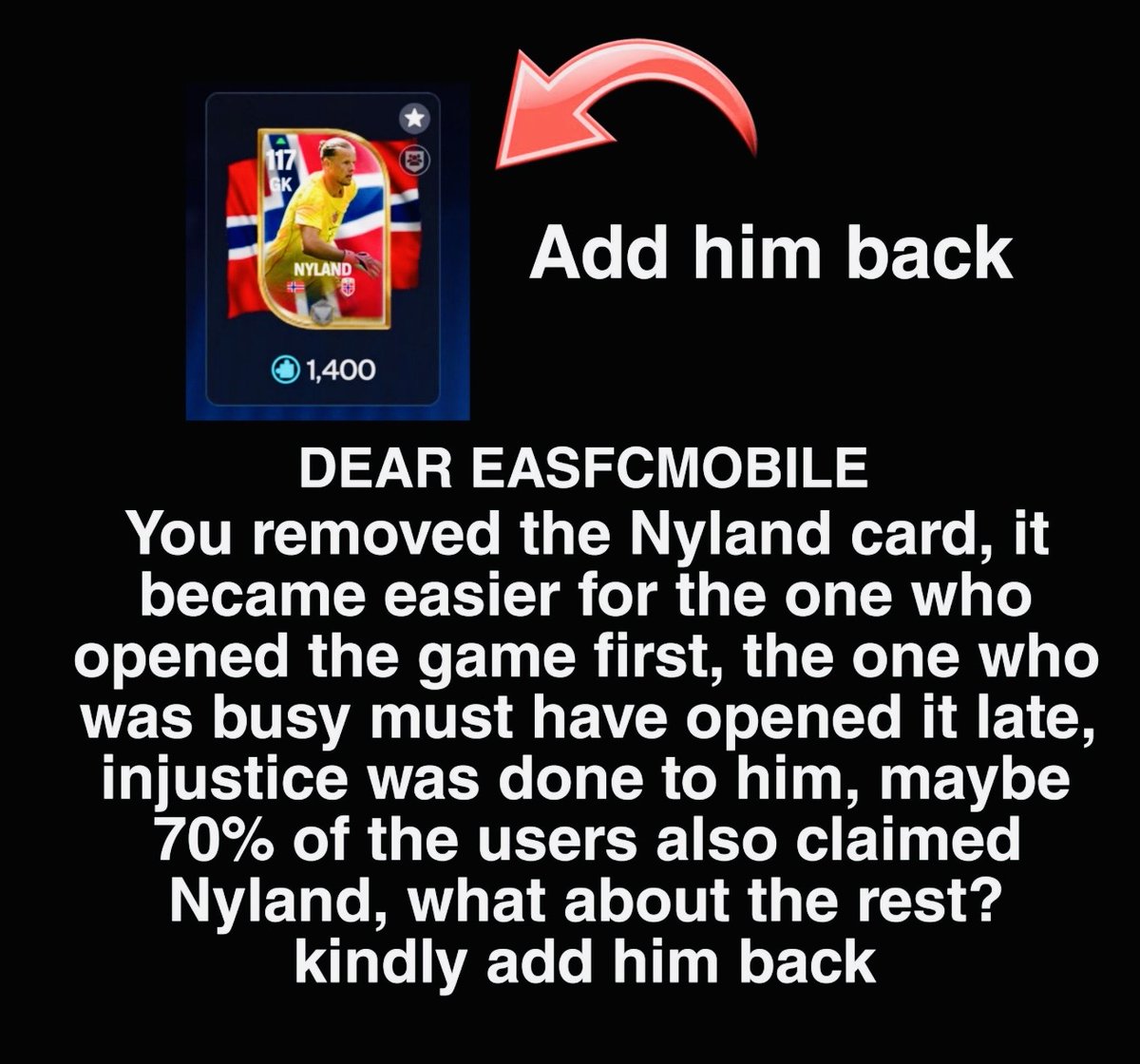 GamingHarr38101's tweet photo. @EASFCMOBILE @MLS @LigaBBVAMX @AppleTV Bring back 117 nyland, you are cheater . I also need cheap 117 player to buy Mbappe. Please 🙏  this  is  not  not  right  .  Iam  f2p  grinding  hard  in  game  .  Please  help  🥲😭😭😭 https://t.co/1AZQOushDI