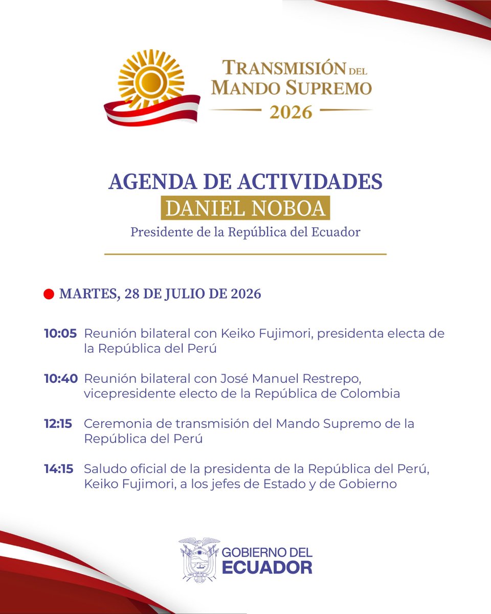 ComunicacionEc's tweet photo. Conozca la agenda internacional que cumplirá el presidente @DanielNoboaOk en Perú, este martes 28 de julio. 🇪🇨🤝🇵🇪 https://t.co/CA4Z0XB7jJ