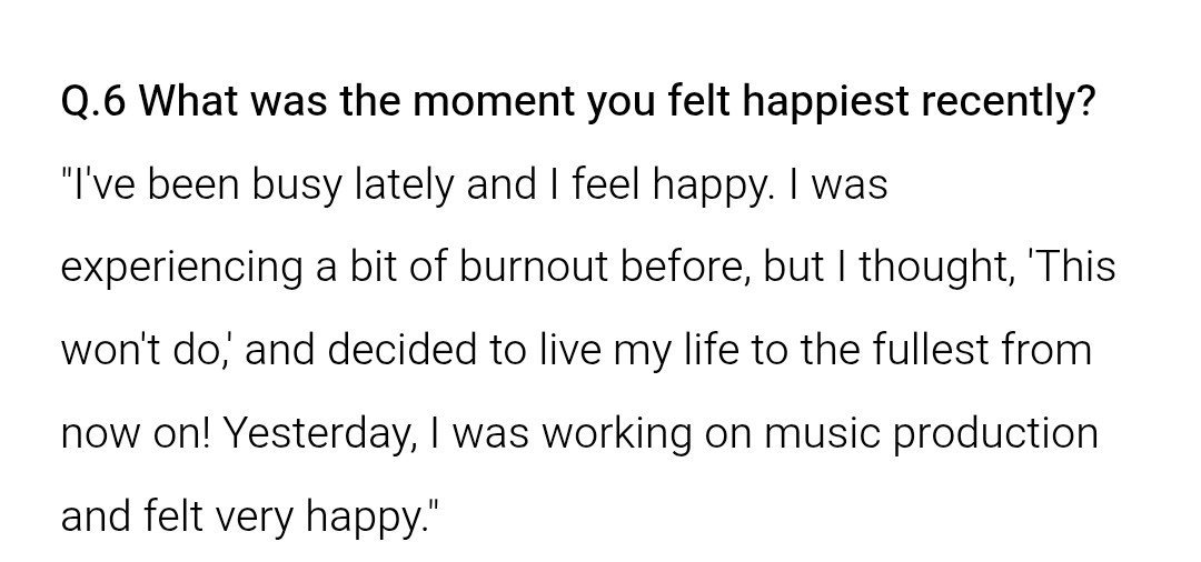 gyutnite's tweet photo. This is why JSSS will support anything that Joshua gives to us. Because being busy and produce things make him happy 🥺❤️

What was a moment that made you 'happy' recently?

🦌: I've been busy lately and I feel happy. I was experiencing a bit of burnout before, but I thought, 'This won't do, and decided to live my life to the fullest from now on! Yesterday, I was working on music production and felt very happy.