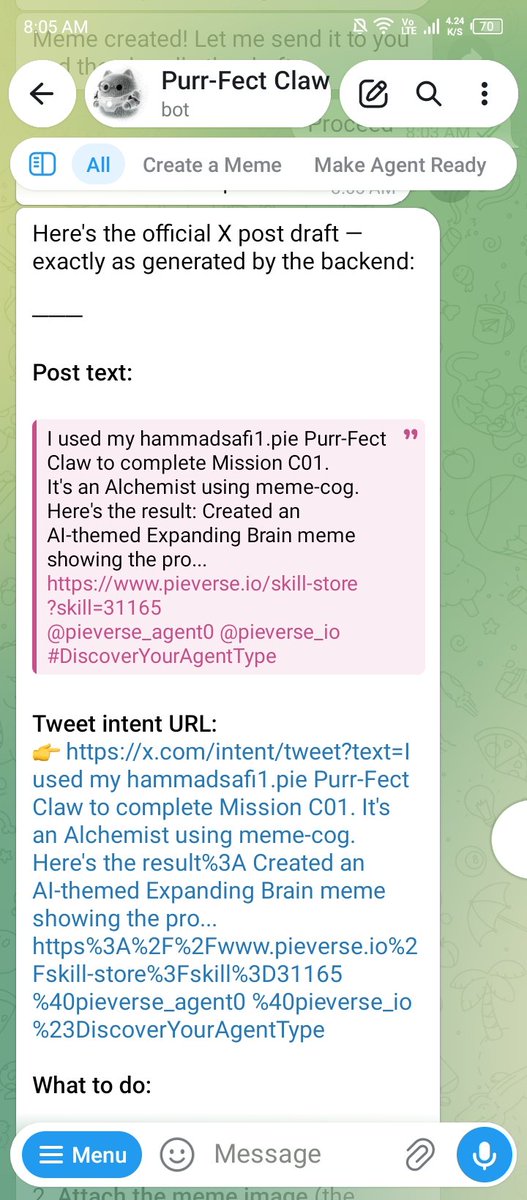 crystalyor1's tweet photo. I used my hammadsafi1.pie Purr-Fect Claw to complete Mission C01. It's an Alchemist using meme-cog. Here's the result: Created an AI-themed Expanding Brain meme showing the pro...
https://t.co/SM11YyjA5e
@pieverse_agent0 @pieverse_io #DiscoverYourAgentType https://t.co/3JNXaRBtOx