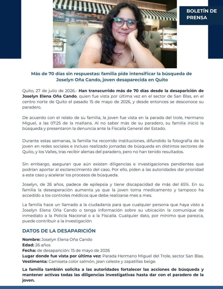ecuainm_oficial's tweet photo. ‼️#URGENTE
La familia de Joselyn Elena Oña Cando informó que han transcurrido más de 70 días desde la desaparición de la joven, vista por última vez el 15 de mayo en el sector de San Blas, en Quito. Indicó que Joselyn, de 26 años, padece epilepsia y tiene una discapacidad superior al 65 %, por lo que solicitó a las autoridades intensificar las labores de búsqueda y mantener activas las diligencias para dar con su paradero.
